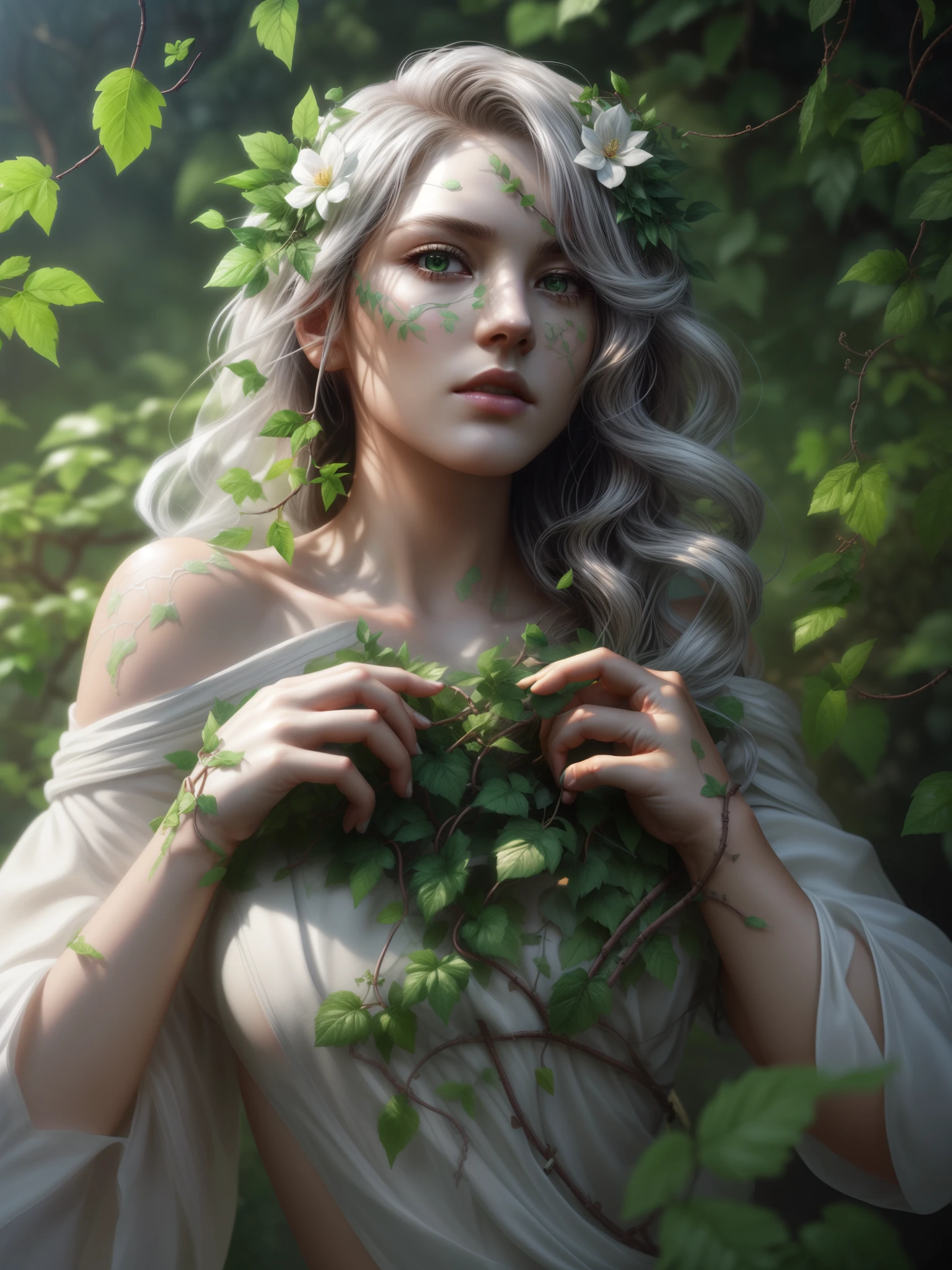 (2 hands only), ((white 1.4)), florest, ((vines and leaves)), perfect hand, skin crackling like rock, (extremely detailed CG unity 8k wallpaper), dramatic, photorealistic painting art by midjourney and greg rutkowski, NVIDIA RTX Ray Tracing