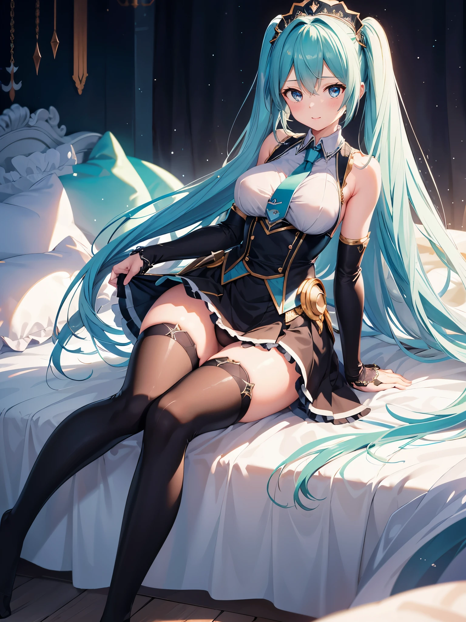 (1 girl),(high quality), (High resolution), (extremely detailed), (8K),(focus on lower body),(CG)、Magic Knight、transparent costume、Magic Mentor、sexy panties、(black knee high stockings:1.2)、nipple shape、No shoes、neutral white lighting,sexy pose、showing panties、Hatsune Miku