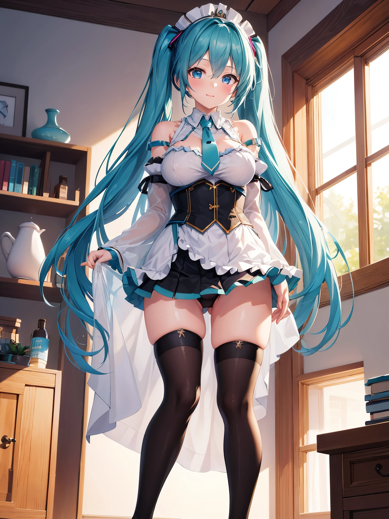 (1 girl),(high quality), (High resolution), (extremely detailed), (8K),(focus on lower body),(CG)、Magic Knight、transparent costume、Magic Mentor、sexy panties、(black knee high stockings:1.2)、nipple shape、No shoes、neutral white lighting,sexy pose、showing panties、Hatsune Miku