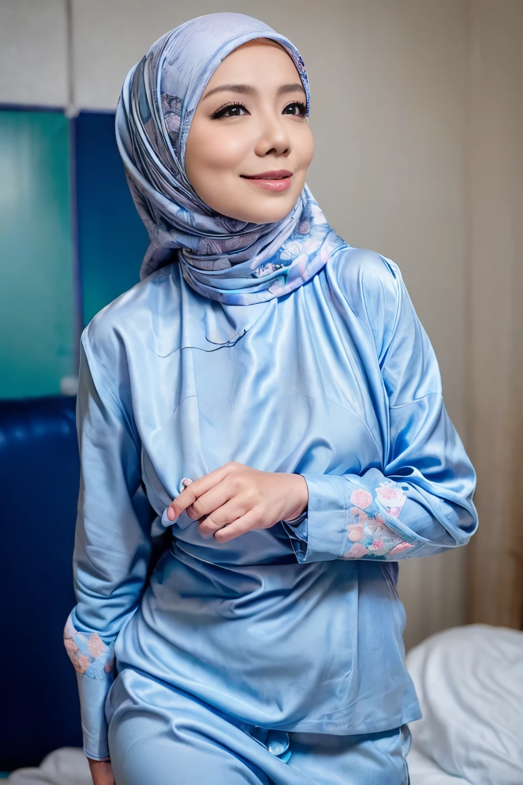 matured malay woman in hijab wear pink satin bra and panties sleeping in bed portrait photography, lying in bed naked, mid shot photo, ultra detail, professional photograph with professional lighting, smile, light blue bed, bedroom, sexy seducing sleep pose, slim,