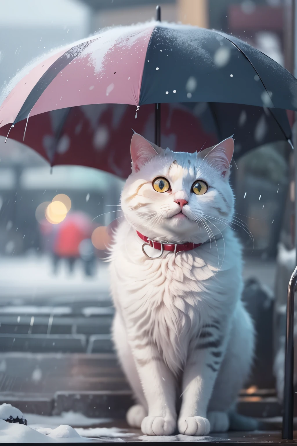 snowの日, A cute cat with round eyes is waiting for you at the bus stop, Street view, snow, the cat is under the umbrella