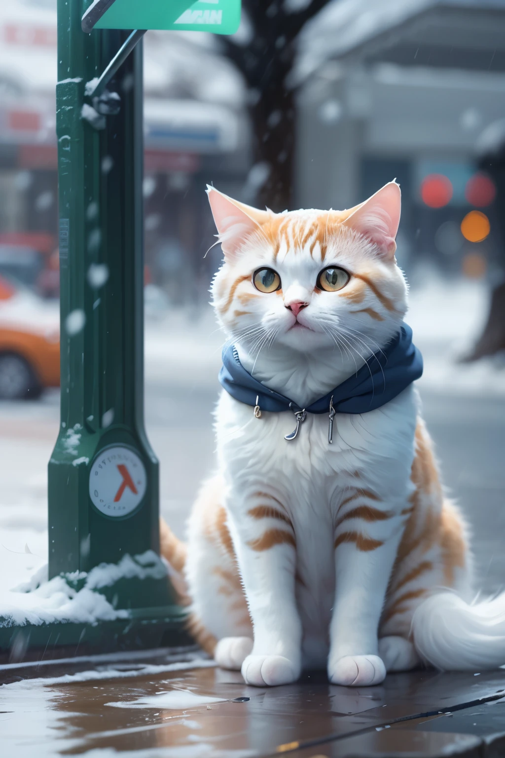 snowの日, A cute cat with round eyes is waiting for you at the bus stop, Street view, snow, the cat is under the umbrella