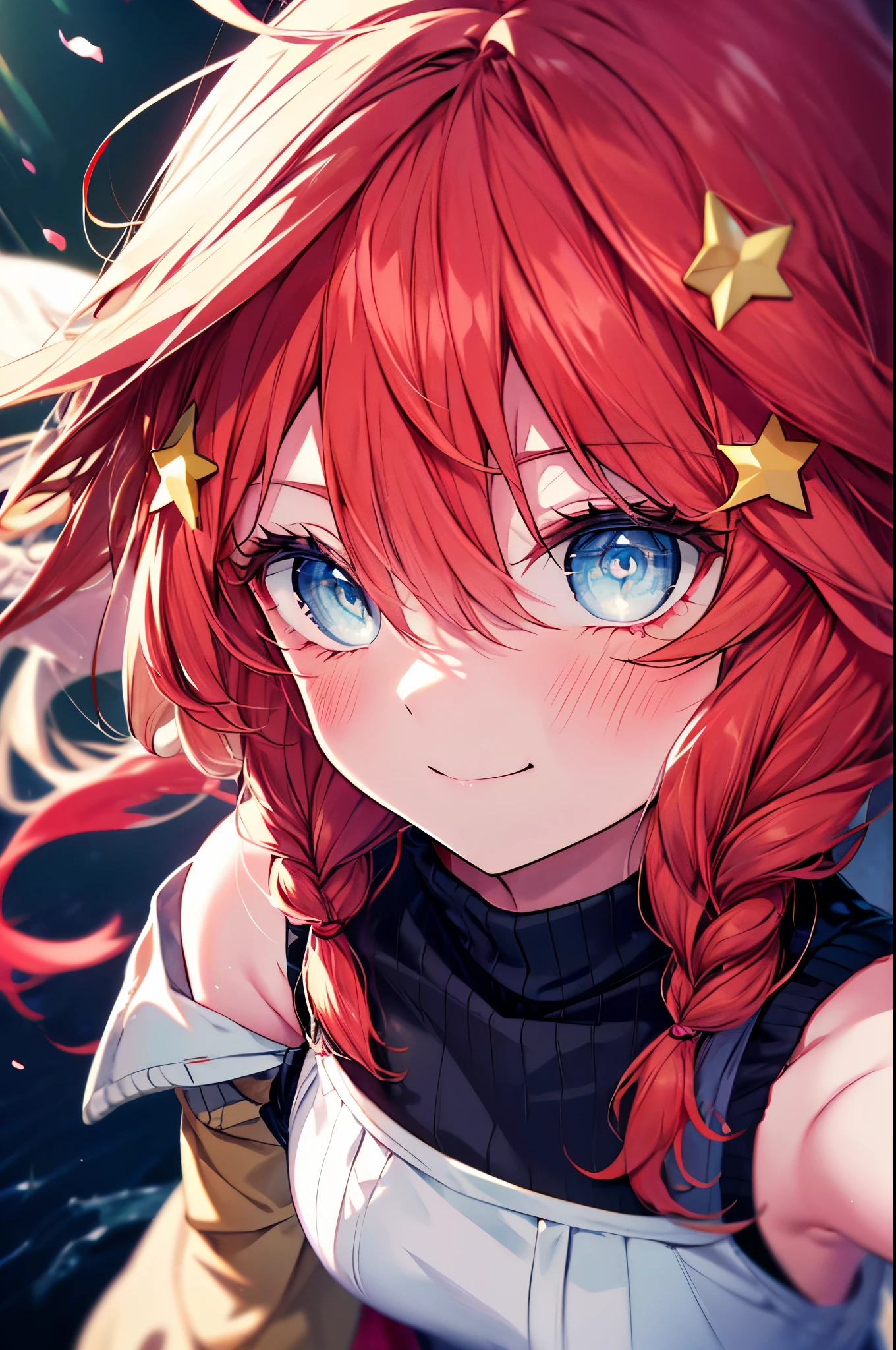 itsukinakano, Itsuki Nakano, bangs, blue eyes, hair between eyes, Ahoge, smile,blush,redhead, star \(symbol\), hair ornaments, star hair ornaments,white turtleneck and white miniskirt,short boots, flowing fabric, close, Shoulder length hair and short braids, ,hair blowing in the wind, Beautiful red hair, Peeping angle, whole body,
break outdoors, Destroy the park (masterpiece:1.2), highest quality, High resolution, unity 8k wallpaper, (figure:0.8), (detailed and beautiful eyes:1.6), highly detailed face, perfect lighting, Very detailed CG, (perfect hands, perfect anatomy),