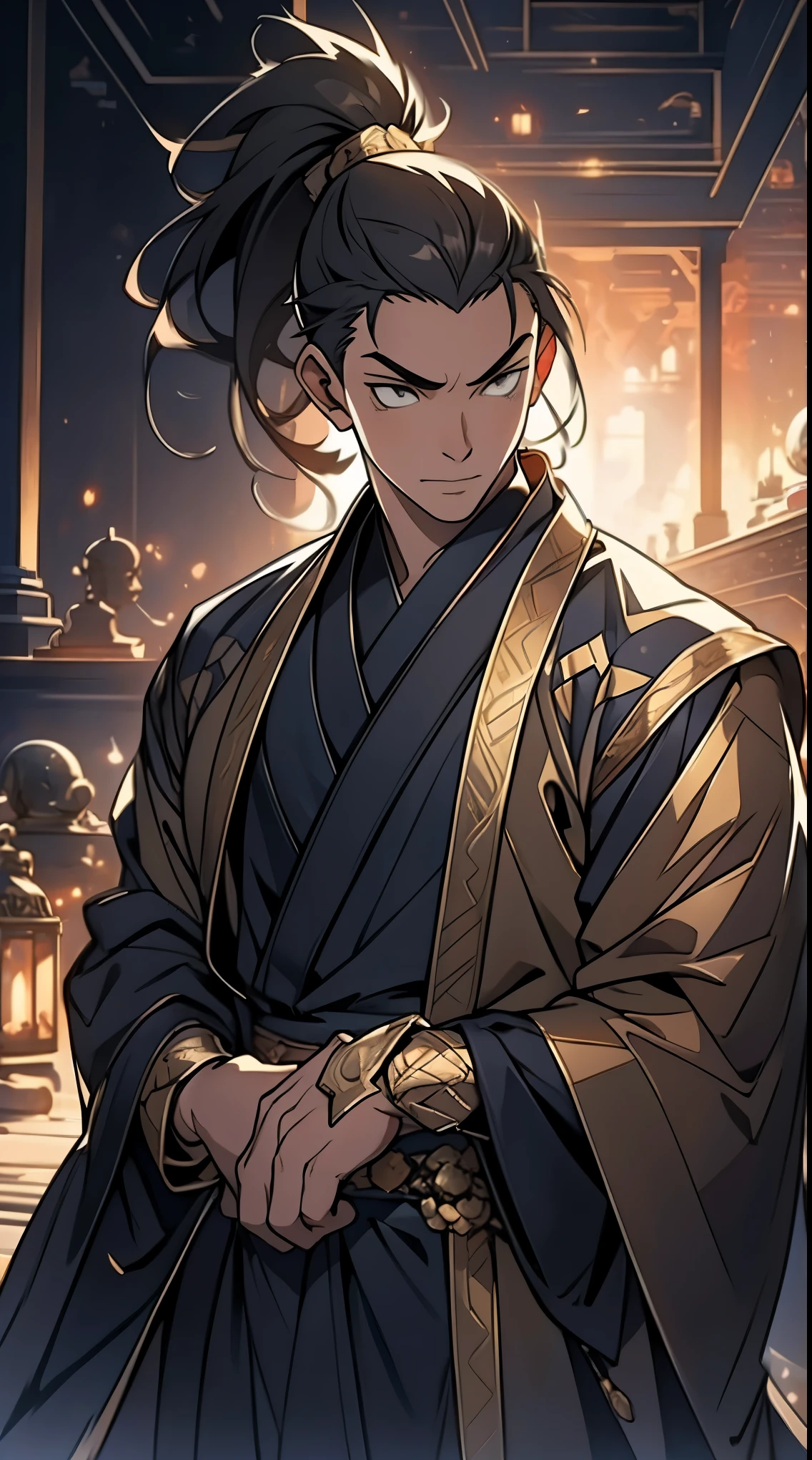 Two dimensions,anime style,one person(male warrior),proportions are correct,facial details,swordsman,high ponytail hairstyle,neck detail,Have an Adam's apple,Black and gold robe,joke,Black and gold robe,clothing details,Hand over,long sleeves,Game quality,fencing,Ray tracing,Ray tracing,Detailed glow,CG rendering,hair details,Long black and blond hair,Black-gold eyes,Handsome,Handsome,(Youthful feeling),Costumes are complicated,Perfect composition,refine,high quality,higher details,many details,Complex background,a sense of atmosphere,