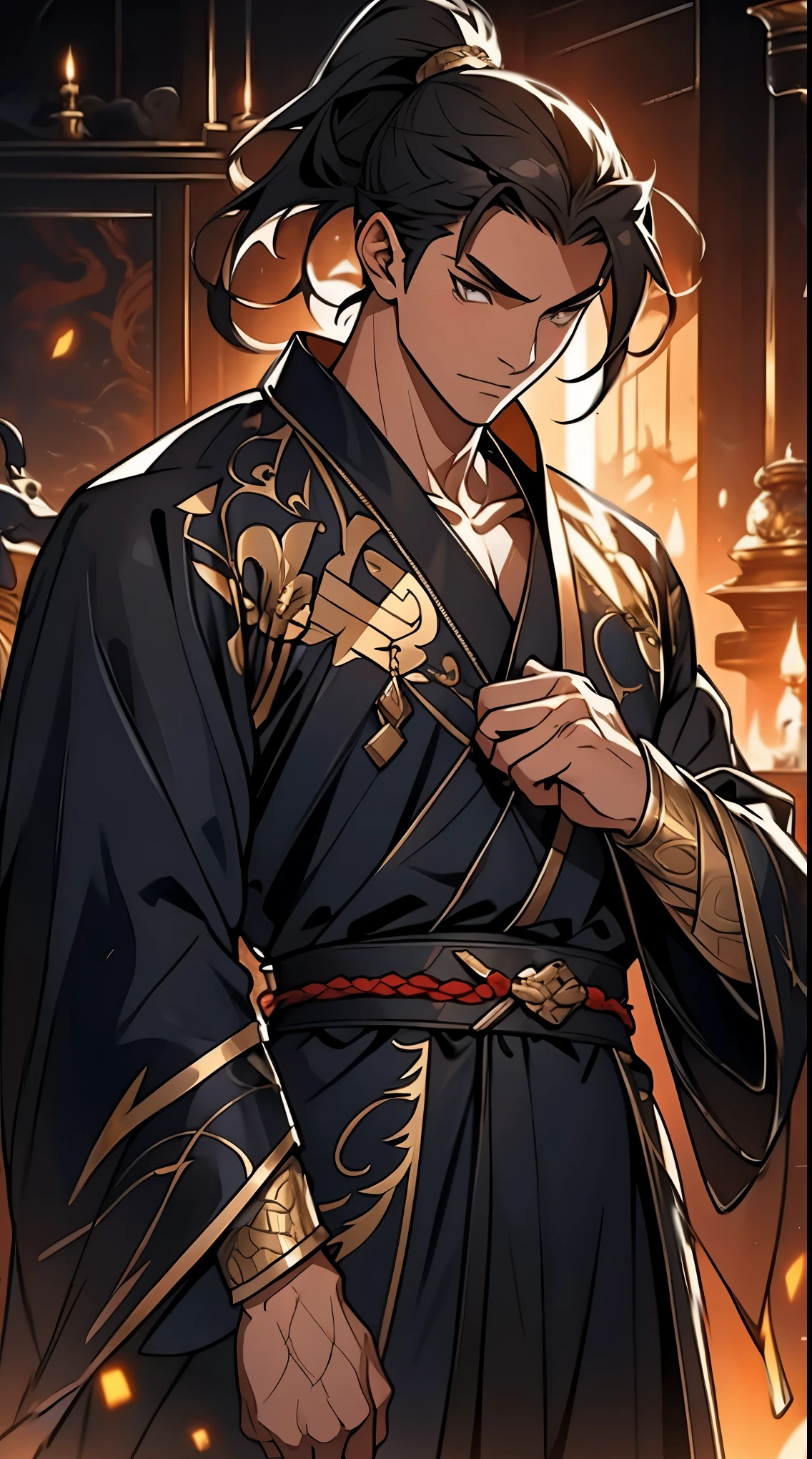 Two dimensions，anime style，one person（male warrior），proportions are correct，facial details，swordsman，high ponytail hairstyle，neck detail，Have an Adam&#39;s apple，Black and gold robe，joke，Black and gold robe，clothing details，Hand over，long sleeves，Game quality，fencing，Ray tracing，Ray tracing，Detailed glow，CG rendering，hair details，Long black and blond hair，Black-gold eyes，Handsome，Handsome，（Youthful feeling），Costumes are complicated，Perfect composition，refine，high quality，higher details，many details，Complex background，a sense of atmosphere，
