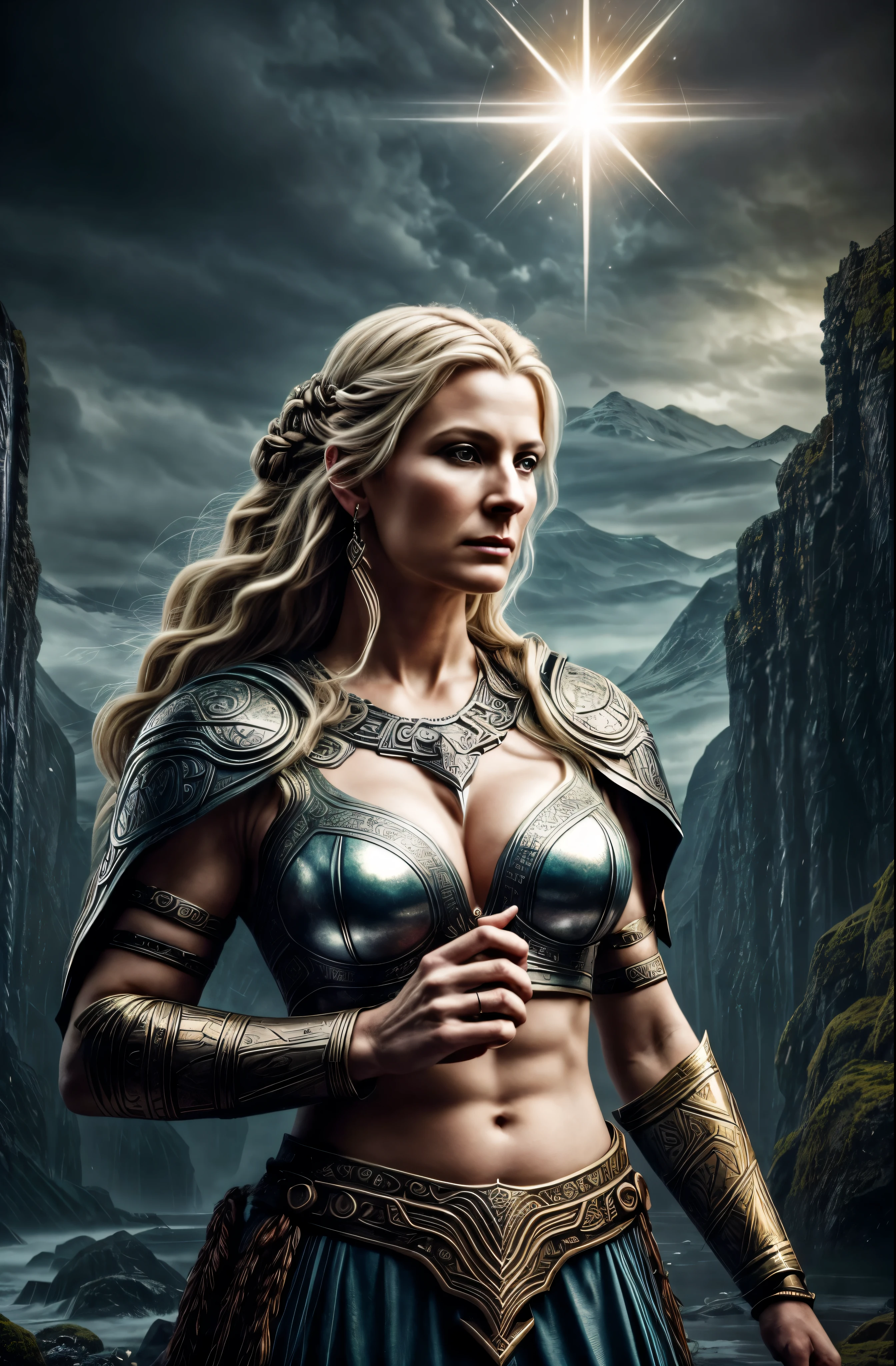 The Queen of the Valkyries, extremely gorgeous lady, pierced eyes, 45 years old Woman, a revered figure in Norse mythology, was known for her wisdom and strength. She was best remembered as the mother of Baldur, a radiant beacon who brought hope and light to the realms. The prompt asks for an image capturing her regal nature, grace, and maternal strength, surrounded by symbols of her power and connections to the divine. The image should hint at her role as Baldur's mother and depict her in a majestic setting showcasing the mythical realms of Norse mythology.