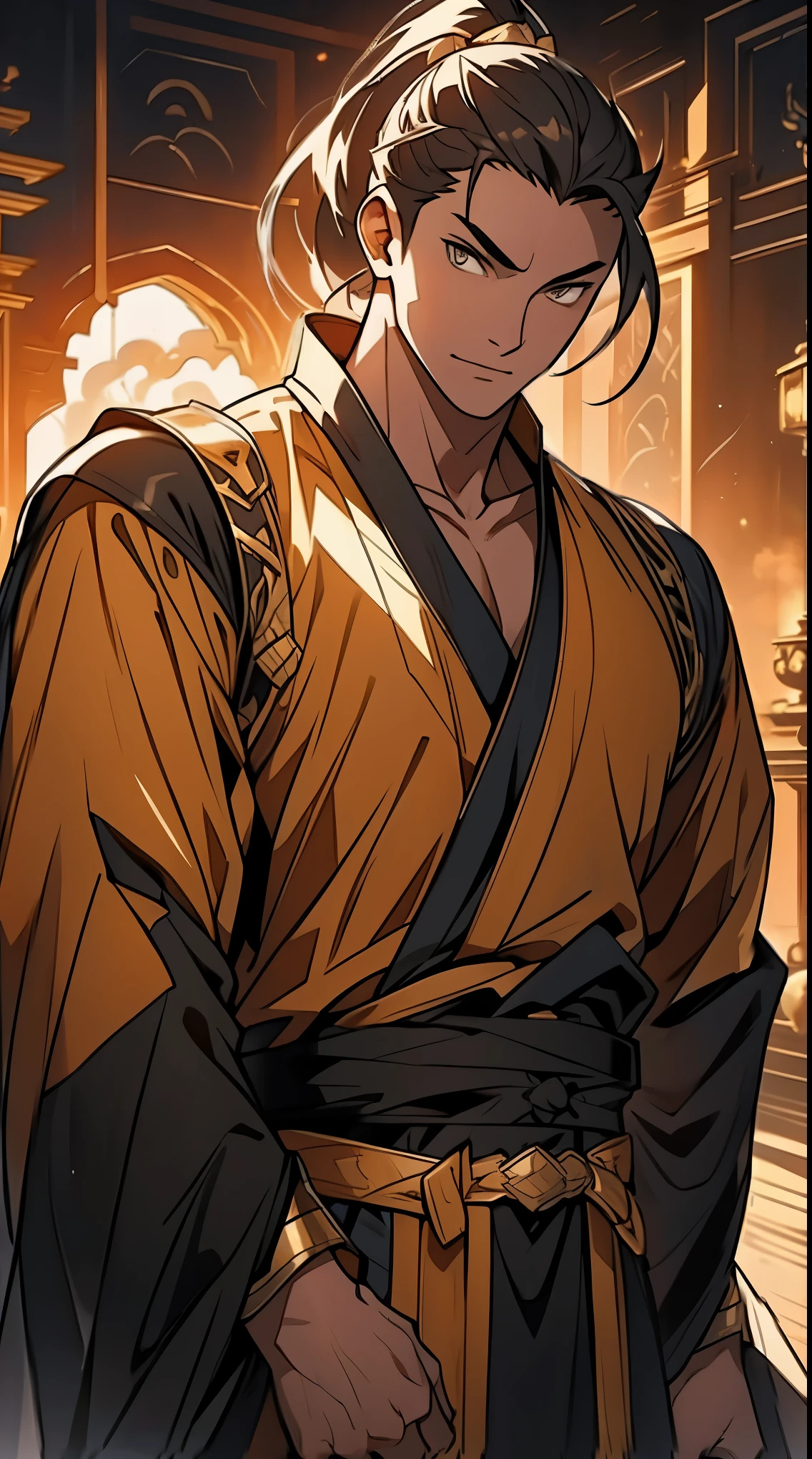 Two dimensions,anime style,one person(male warrior),proportions are correct,facial details,swordsman,high ponytail hairstyle,neck detail,Have an Adam's apple,Black and gold robe,joke,Black and gold robe,clothing details,Hand over,long sleeves,Game quality,fencing,Ray tracing,Ray tracing,Detailed glow,CG rendering,hair details,Long black and blond hair,Black-gold eyes,Handsome,Handsome,(Youthful feeling),Costumes are complicated,Perfect composition,refine,high quality,higher details,many details,Complex background,a sense of atmosphere,