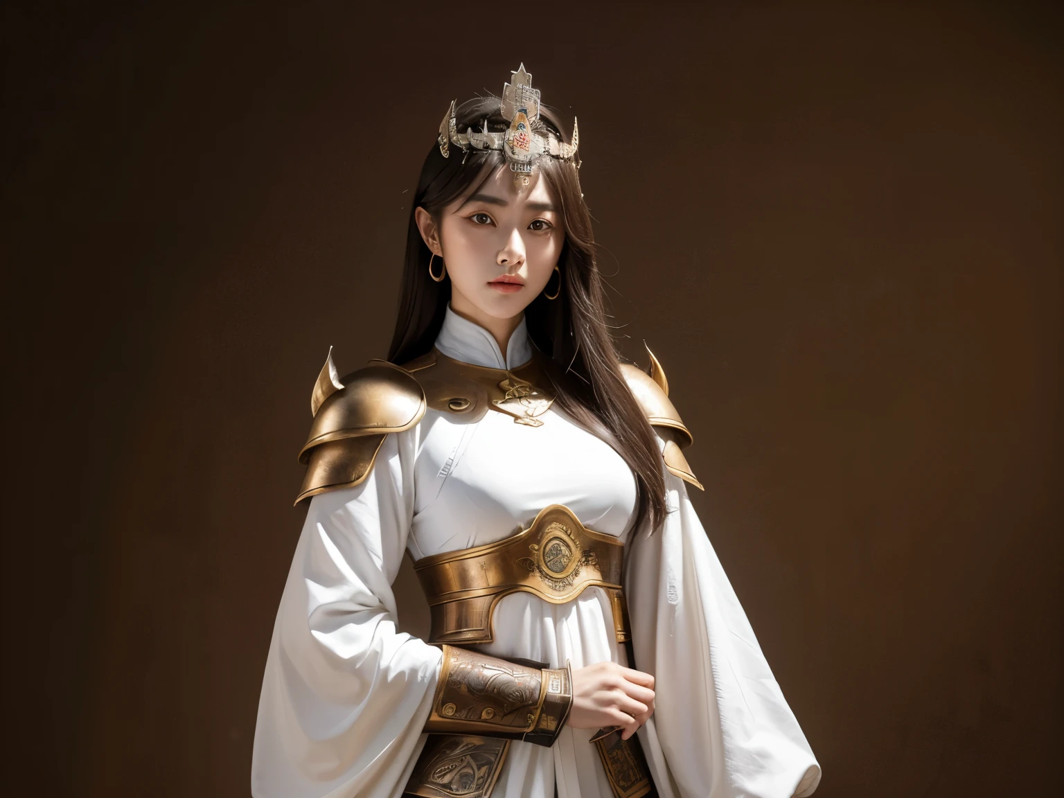 Western Zhou Dynasty，white clothes，Peerless beauty，light brown big eyes，Leather armor，bronze armor，whole body