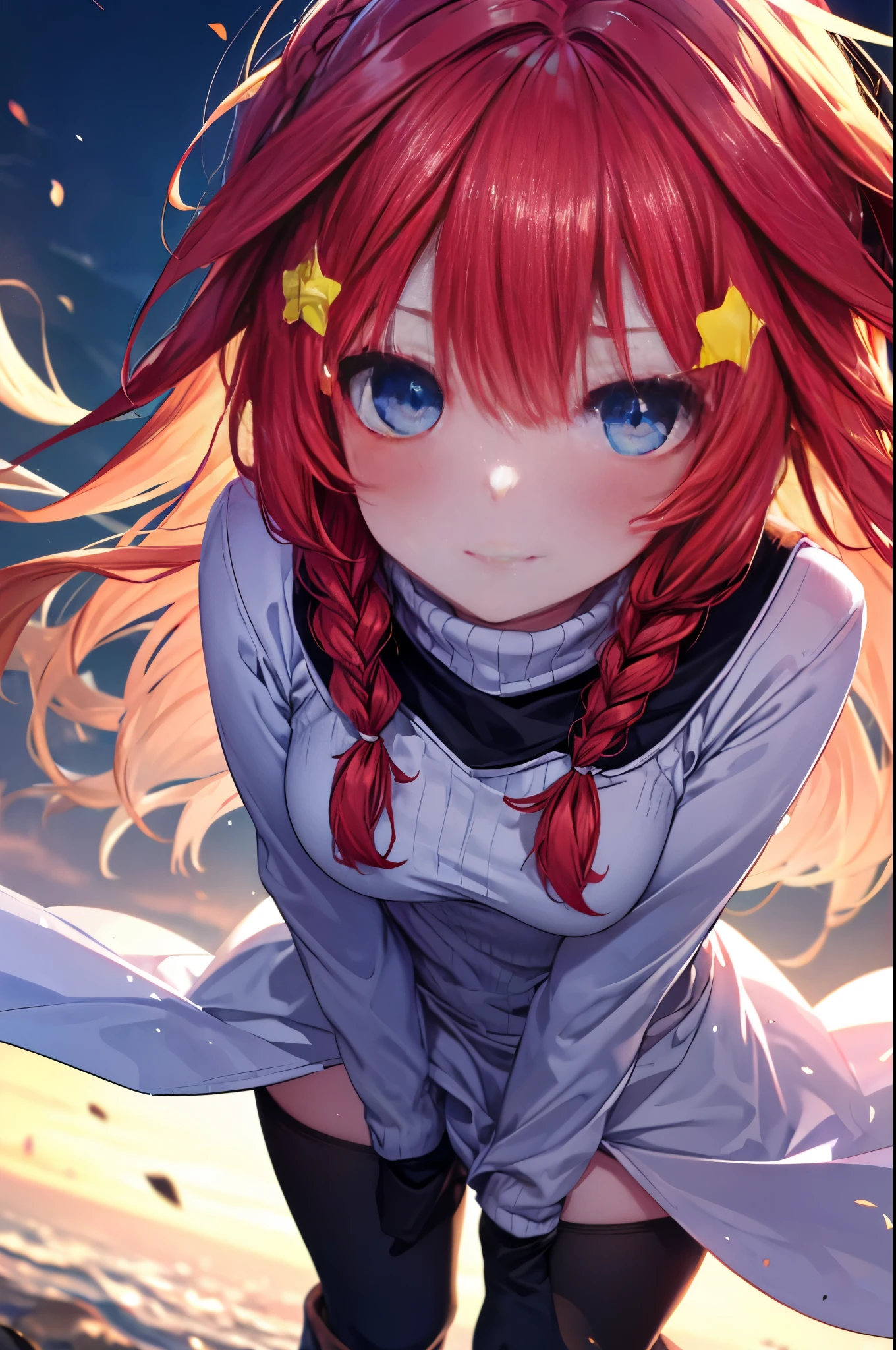 itsukinakano, Itsuki Nakano, bangs, blue eyes, hair between eyes, Ahoge, smile,blush,redhead, star \(symbol\), hair ornaments, star hair ornaments,white turtleneck and white miniskirt,short boots, flowing fabric, close, Shoulder length hair and short braids, ,hair blowing in the wind, Beautiful red hair, Peeping angle, whole body,
break outdoors, Destroy the park (masterpiece:1.2), highest quality, High resolution, unity 8k wallpaper, (figure:0.8), (detailed and beautiful eyes:1.6), highly detailed face, perfect lighting, Very detailed CG, (perfect hands, perfect anatomy),