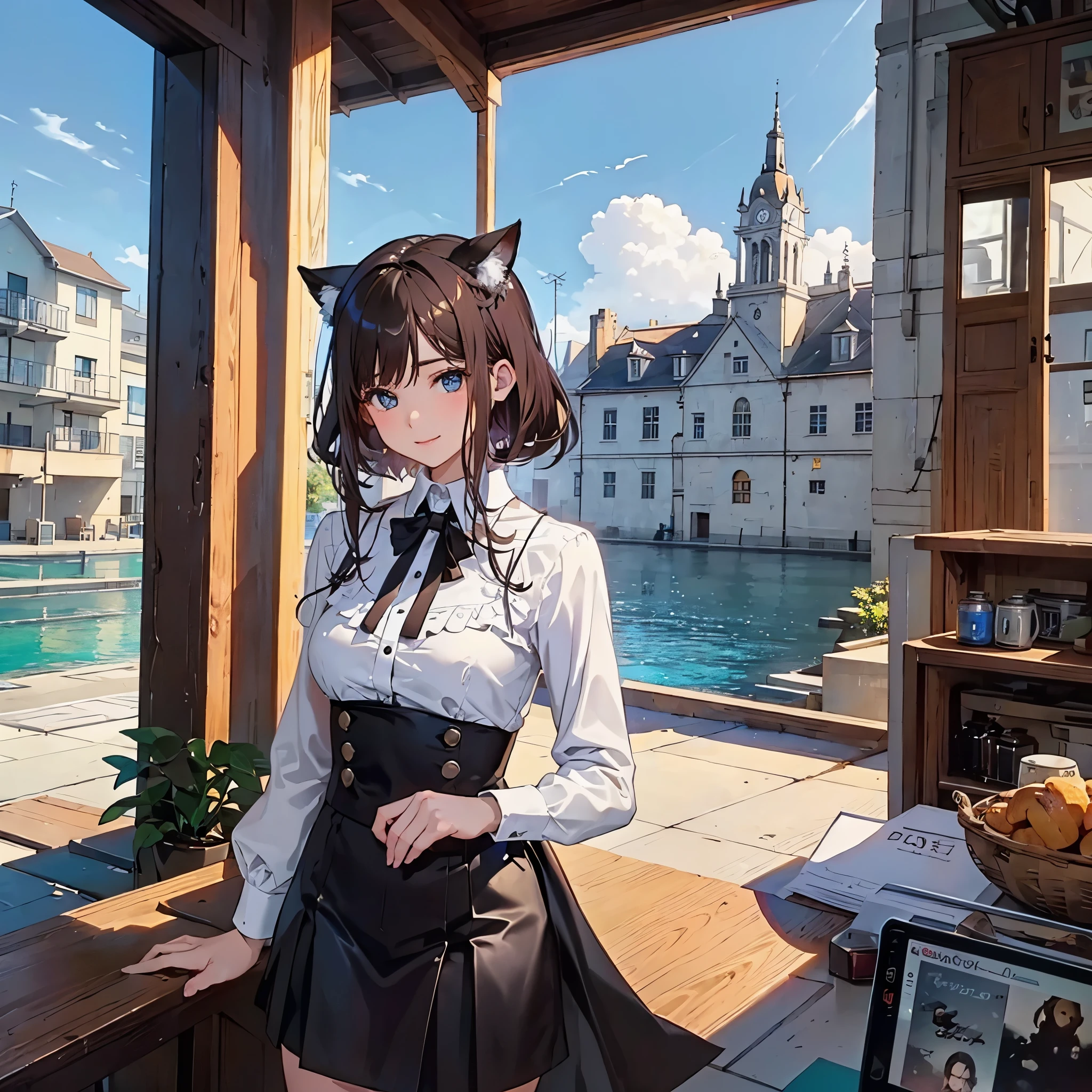 (最high quality、best image quality、masterpiece、smile、Cute Cat Eared Girl、************、brown hair、blue eyes、anime art style、gothic  fashion、fantasy world)、pop art, Trending on ArtStation pixiv,high quality、beautiful art、With background((outdoors、Pop cityscape from another world))、depth((bright sunlight))、masterpiece、Depth of the bounds written,cinematic style