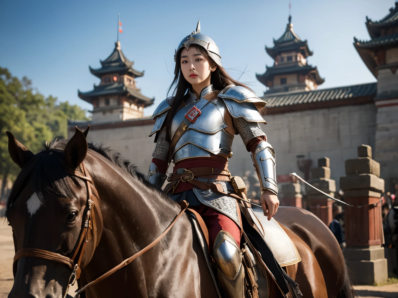 Western Zhou Dynasty,white clothes,Peerless beauty,light brown big eyes,Leather armor,bronze armor,whole body,Sentry Tower