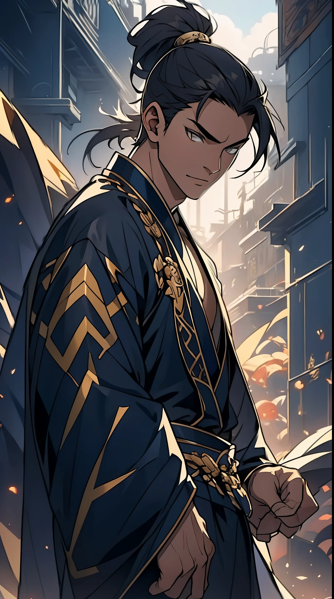 Two dimensions,anime style,one person(male warrior),proportions are correct,facial details,swordsman,high ponytail hairstyle,neck detail,Have an Adam's apple,Black and gold robe,joke,Black and gold robe,clothing details,Hand over,long sleeves,Game quality,fencing,Ray tracing,Ray tracing,Detailed glow,CG rendering,hair details,Long black and blond hair,Black-gold eyes,Handsome,Handsome,(Youthful feeling),Costumes are complicated,Perfect composition,refine,high quality,higher details,many details,Complex background,a sense of atmosphere,