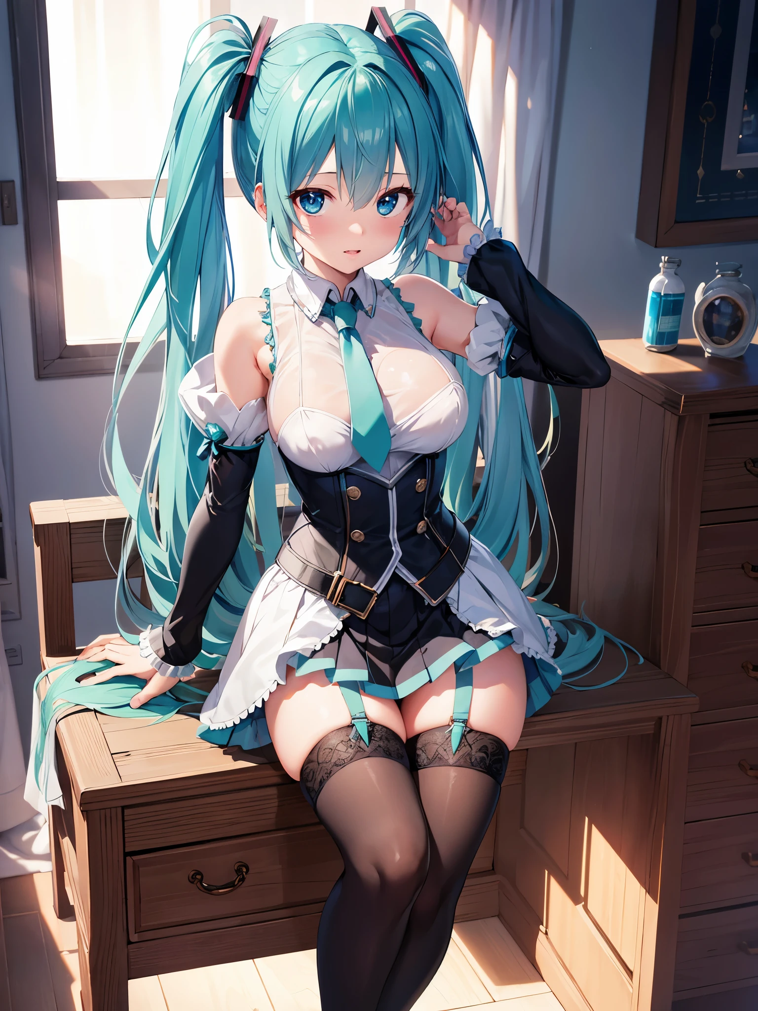 (1 girl),(high quality), (High resolution), (extremely detailed), (8K),(focus on lower body),(CG)、Magic Knight、transparent costume、Magic Mentor、sexy panties、(black knee high stockings:1.2)、nipple shape、No shoes、neutral white lighting,sexy pose、showing panties、Hatsune Miku