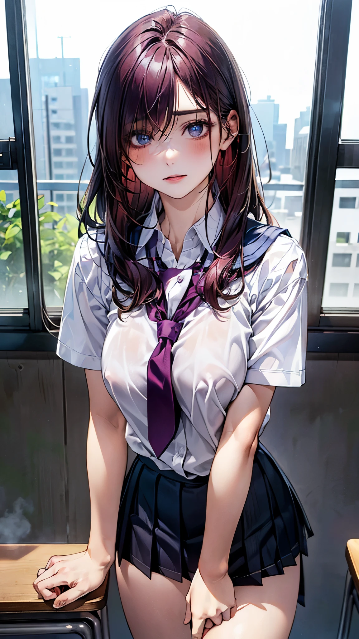 (masterpiece:1.2, top-quality), (realistic, photorealistic:1.4), beautiful illustration, (natural side lighting, movie lighting), nsfw, 
looking at viewer, face focus, upper body, 1 girl, japanese, high school girl, perfect face, cute and symmetrical face, shiny skin, 
(long hair:1.5, straight hair:1.4, dark purple hair), hair over one eye, dark purple, long eye lasher, (large breasts, seductive thighs, big ass), nipple hardening, slender, 
beautiful hair, beautiful face, beautiful detailed eyes, beautiful clavicle, beautiful body, beautiful chest, beautiful thigh, beautiful legs, beautiful fingers, 
((JP SCHOOL UNIFORM, detailed cloth texture, short sleeves white collared shirts, navy pleated mini skirt), dark red tie), 
(beautiful scenery), evening, (school class room), school desk, school chair, window, curtains, blackboard, standing, (upset),