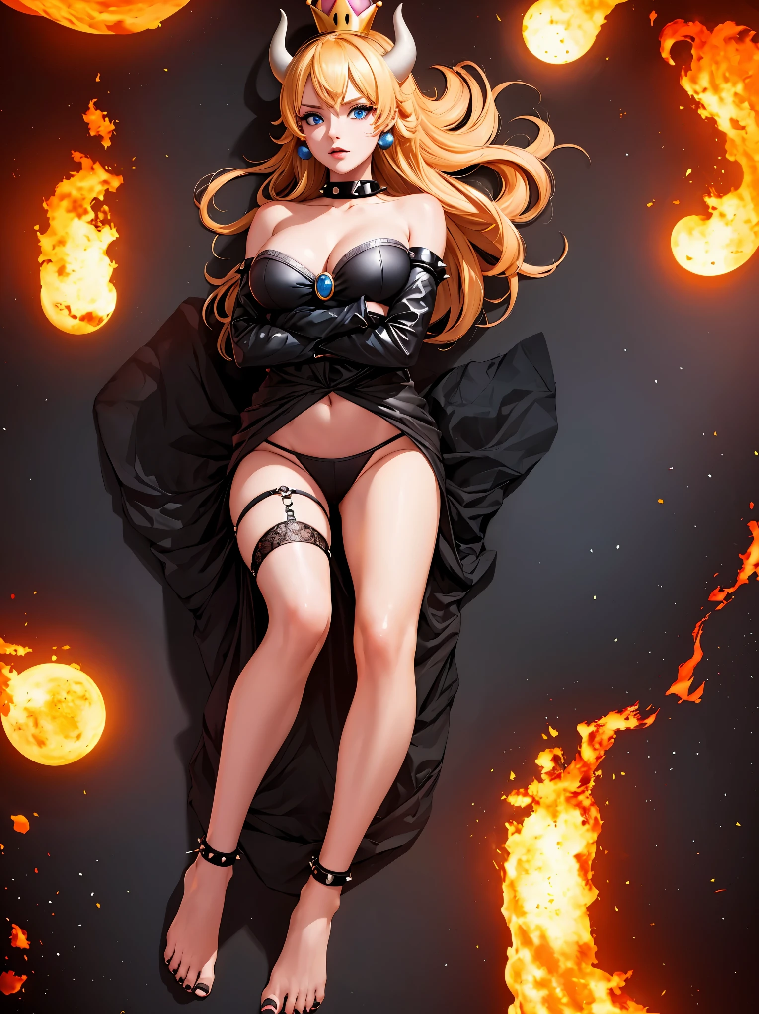 ((high detailed, best quality, 4k, masterpiece, hd:1.3)), ((best quality)), (((HD))), (((8k))), (ultraDH), (ultra HD), Princess Daisy, blue eyes, BREAK blue eyes, seductive, attractive, smooth anime cg art, 36C breasts, long legs, vivid colors, detailed digital art, slim body, perfect skin, dark blonde hair, long hair, blonde hair, blonde hair, BREAK crown, cleavage, 36C cleavage, looking at viewer, BREAK looking at viewer, extremely detailed face, red santa suit, red santa claus suit, santa claus suit, earrings, gem, dark black makeup lips, dark gothic eyeshadows, dark eyeshadows, black eyeshadows, black sexy lips, black lips, (dark:1.2), dark lips, very dark lips, (perfect hands, perfect anatomy), black makeup, black medium lips, black thick lips, detailed fingers, five fingers per hand, 5 fingers, (1 girl), detailed lips, detailed black lips, black painted lips, gothic painted lips, BREAK night, night sky, (breast focus), (arms outstreched:1.2), (from above:1.1), (breasts out:1.3), (off shoulder:1.1), (white horns), (bra), inside a lava castle, she inside a sea of lava, she bathing in lava, full body, perfect long legs, perfect foots, legs and foots into the lava,
