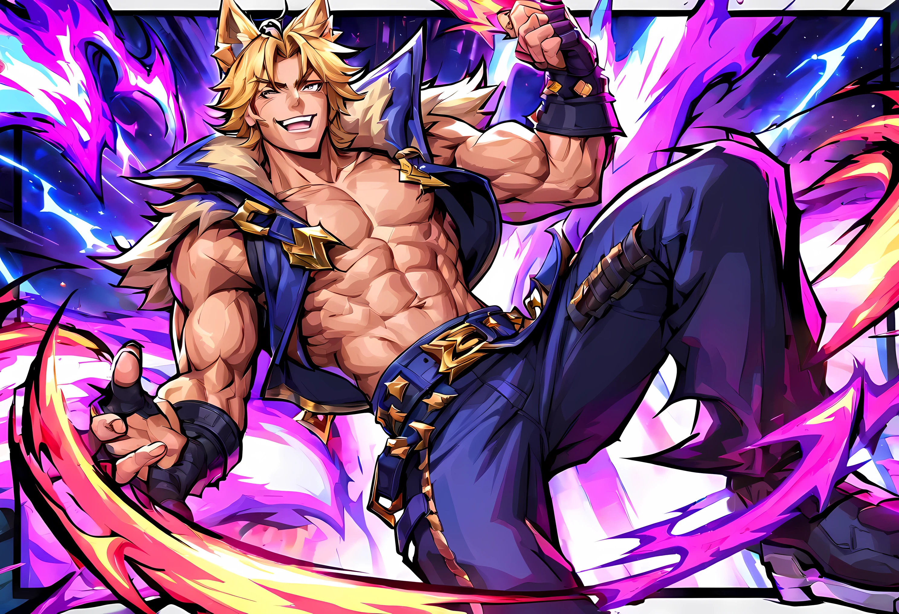 best aesthetics, soul fighter, SET, SET \(league of legends\), 1 boy, One, smile, blonde hair, animal ears, male focus, teeth, belt, trousers, muscular, press, pectoral muscles, muscular male, a man with a wolf appearance