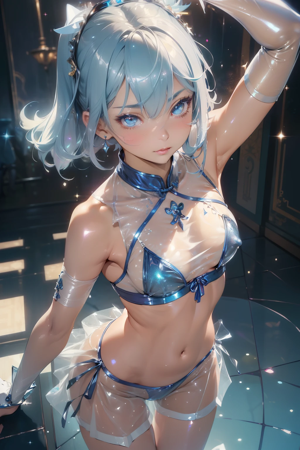 (quality)), ((masterpiece)), Recommended results、puffy nipples、(see through:1.5)、straighten your back、abdominal muscles、huge bust、angle to floor:1.2、Low photographic angle、Hair loss on crotch,Hatsune Miku,(girl),charming姿态),(big breasts:1.4),Breast sagging,,Colored inner hair,short hair,))),, Manipulator:1.5)),((silver armor dress,),((:1.5,Body:1.5,metal skin,Mechanical joint: 1.4,mechanical limbs)),(((pale nipples,(fat)),(((skin shiny:1.5,bright skin: 1.5,skin shiny,very skin shiny,plastic glitter skin)),(lower abdomen,Yao Liu,wide hips,detailed Body,(Detailed face)),charming,debauchery,Tempting,Delicate metal decoration,sleeveless,cheongsam,,cute round face,maid