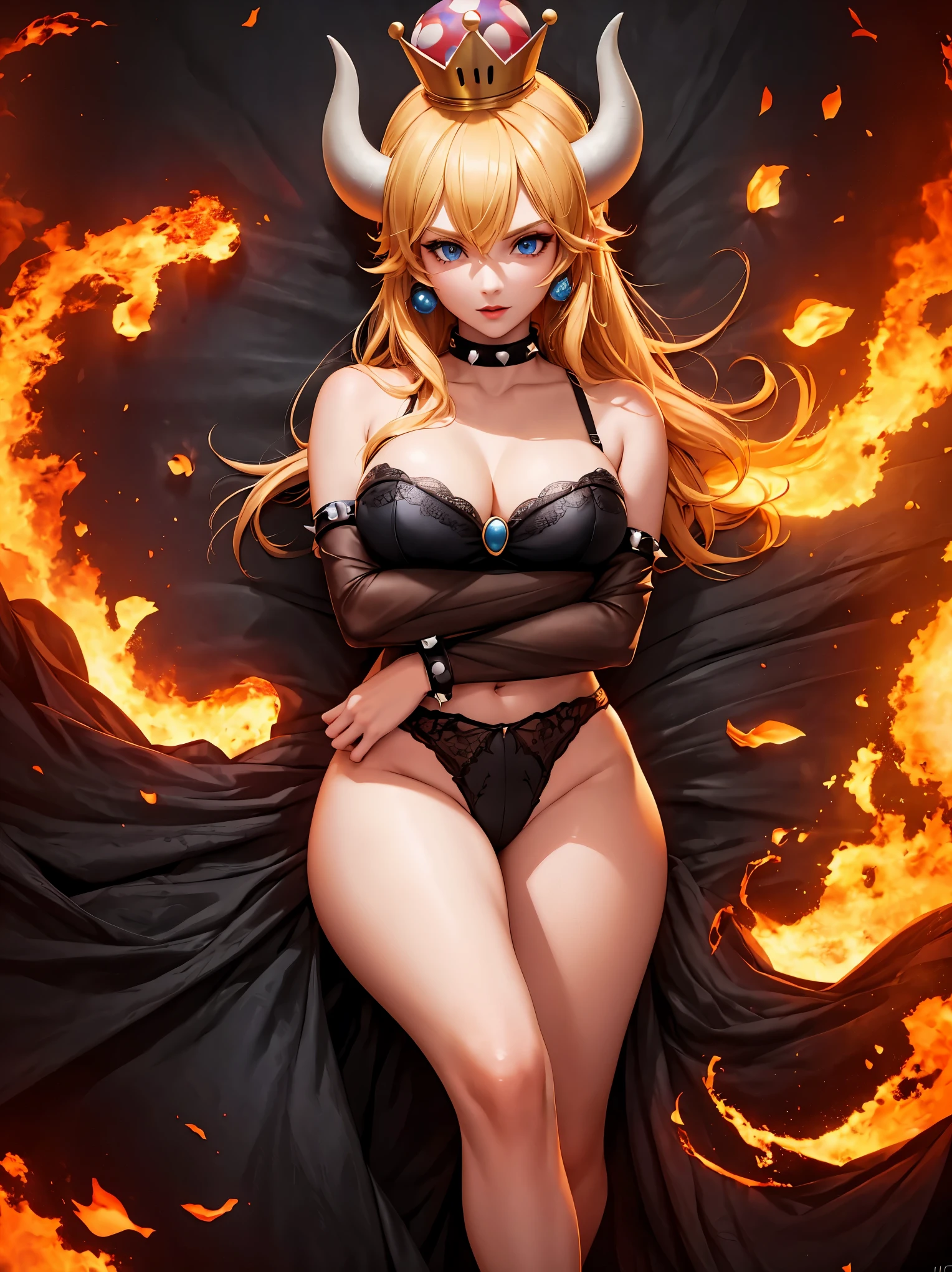 ((high detailed, best quality, 4k, masterpiece, hd:1.3)), ((best quality)), (((HD))), (((8k))), (ultraDH), (ultra HD), Princess Daisy, blue eyes, BREAK blue eyes, seductive, attractive, smooth anime cg art, 36C breasts, long legs, vivid colors, detailed digital art, slim body, perfect skin, dark blonde hair, long hair, blonde hair, blonde hair, BREAK crown, cleavage, 36C cleavage, looking at viewer, BREAK looking at viewer, extremely detailed face, red santa suit, red santa claus suit, santa claus suit, earrings, gem, dark black makeup lips, dark gothic eyeshadows, dark eyeshadows, black eyeshadows, black sexy lips, black lips, (dark:1.2), dark lips, very dark lips, (perfect hands, perfect anatomy), black makeup, black medium lips, black thick lips, detailed fingers, five fingers per hand, 5 fingers, (1 girl), detailed lips, detailed black lips, black painted lips, gothic painted lips, BREAK night, night sky, (breast focus), (arms outstreched:1.2), (from above:1.1), (breasts out:1.3), (off shoulder:1.1), (white horns), (bra), inside a lava castle, she inside a sea of lava, she bathing in lava, full body, perfect long legs, perfect foots, legs and foots into the lava,