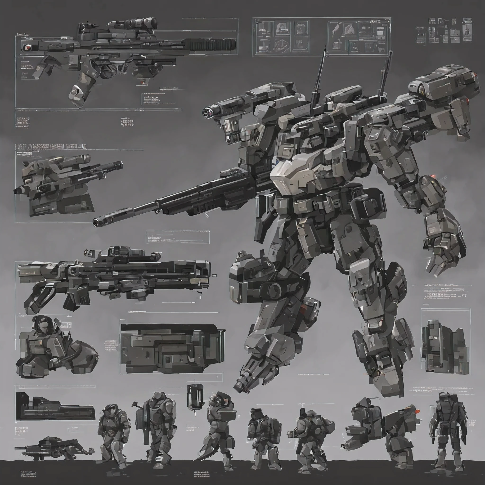 rifle, machine gun, cannon, missile pod, Backpack, shield, character sheet, (armored core style:0.8),