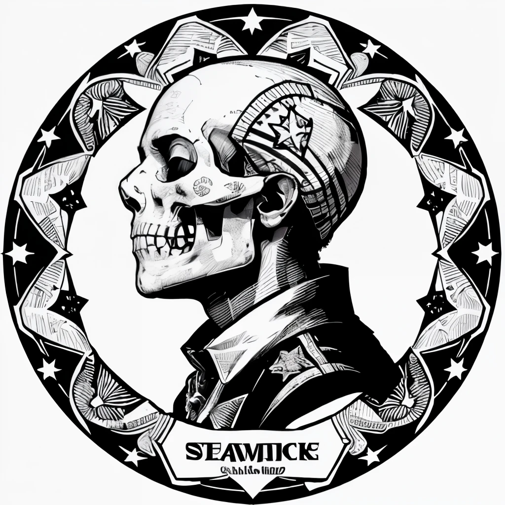design for the bandana has a detailed monochrome illustration of a human skull on a flag of stars in the background, random shapes, figures, vector art, black and white, sharp vector, The skull is prominently featured, false figures,Lines drawn from both sides,