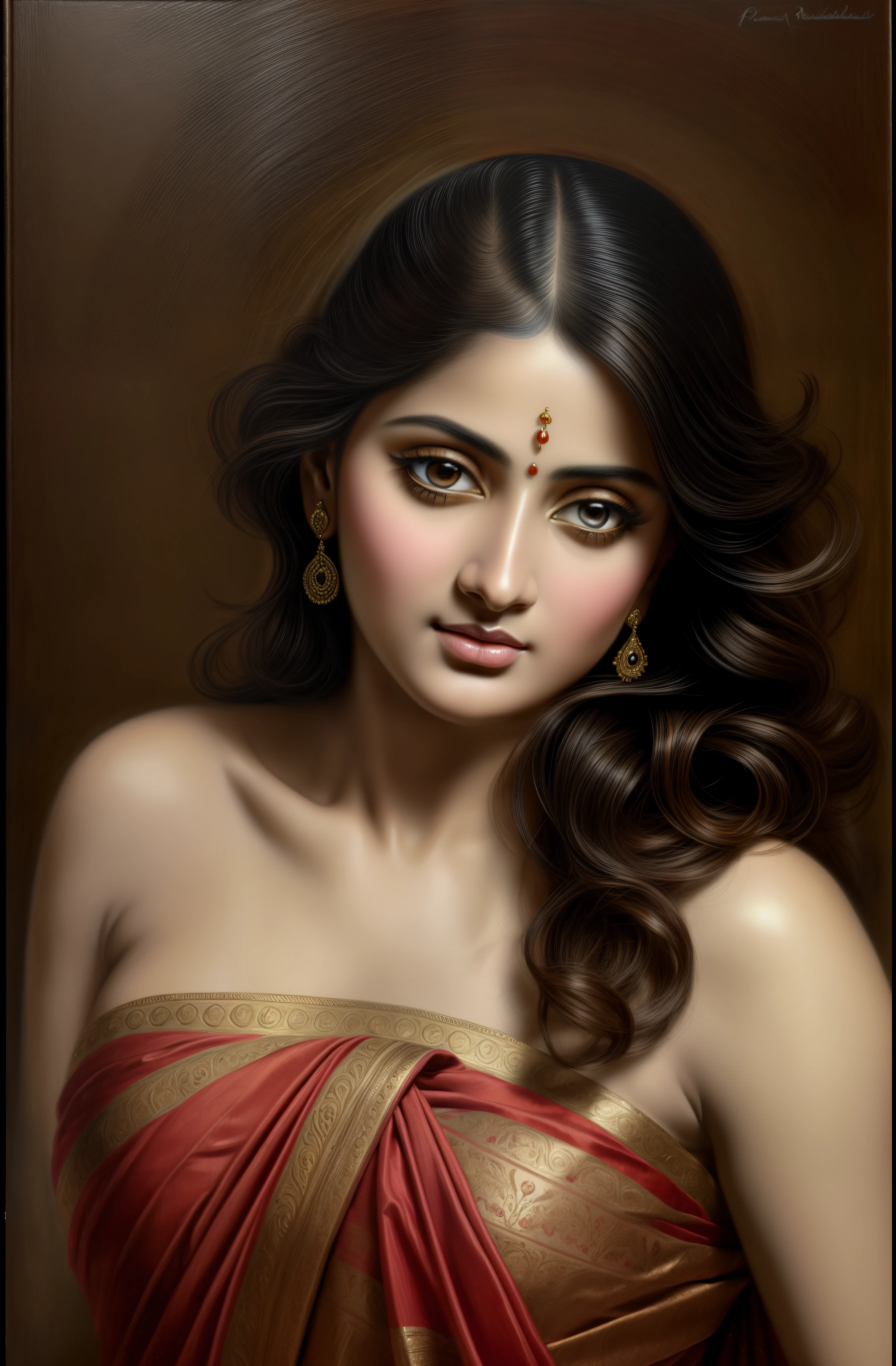 Beautiful Indian Woman, wearing saree, sari Beauty, gorgeous, Apsara, Maharani, royal queen woman, nymph from Hindu Mythology, Urvashi, matchless beauty, Highly detailed, Oil Painting by Peter Paul Rubens inspired by Raja Ravi Varma, Matchless beauty, captivating, gorgeous, heavenly beauty, celestial beauty, by Peter Paul Rubens, 1893, realistic, hyper realistic, micro details, incredible artwork, insane details, ultra High resolution, 8k, 32k, acrylic on canvas, intricate, flawless, detailed, detailed face, detailed eyes, masterpiece, by Peter Paul Rubens, by Caravaggio, by William Adolphe bouguereau, perfect face, perfect body, beautiful art, realism, baroque, renaissance Art, highly textured, beautiful and detailed eyes, uhd, best quality,