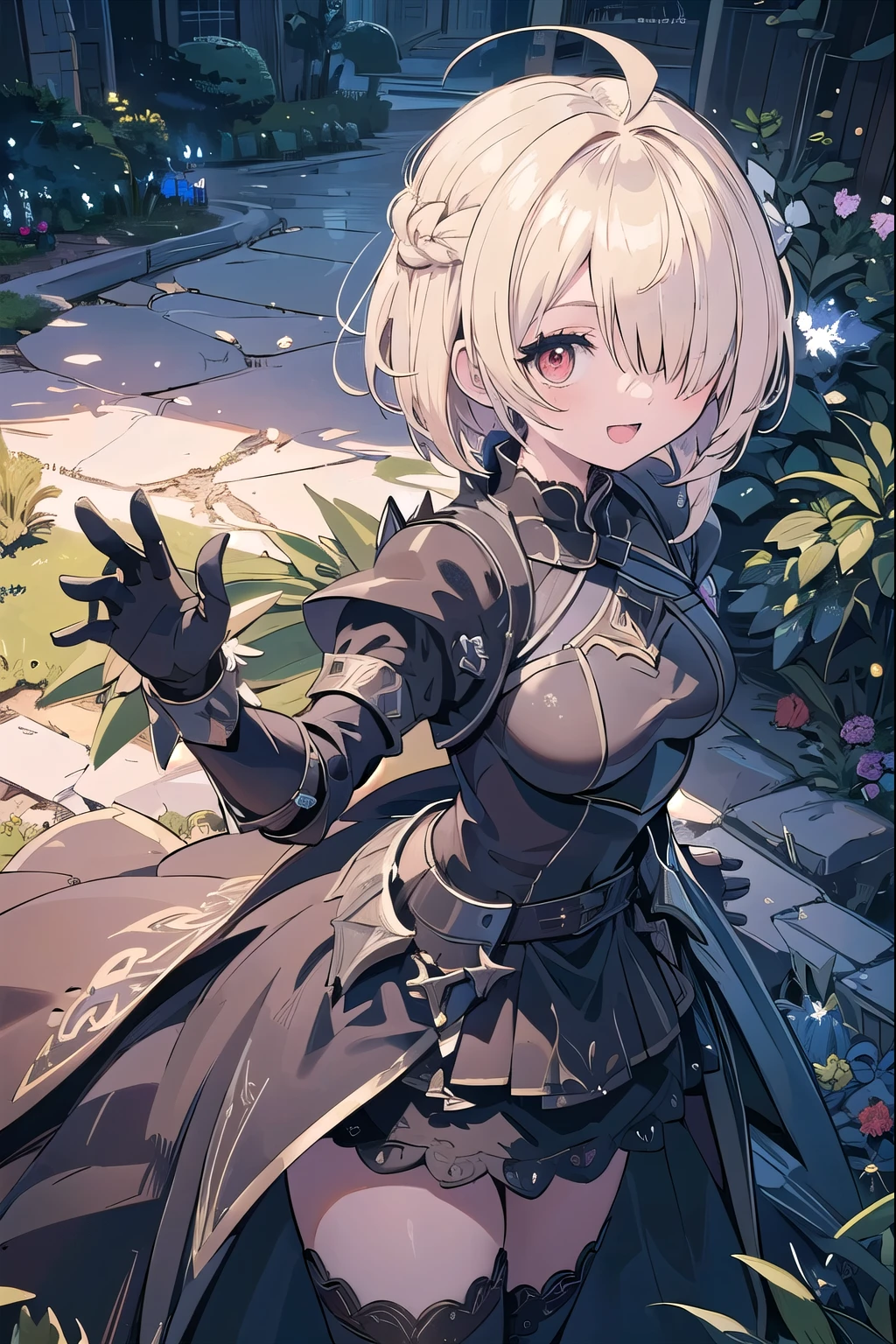 masterpiece, middle ages garden Black Rose mysterious Upper body girl ((((battle dress knight)))) skirt Thighhighs , ((wave hands)) clear blonde ((((((hair over one eye)))))), Braid Styles, spiked hair, blunt bangs, bob hair, a braid, Ahoge red eyes looking at the viewer, ((smile)), adventurer ((from above)), from side, open mouth