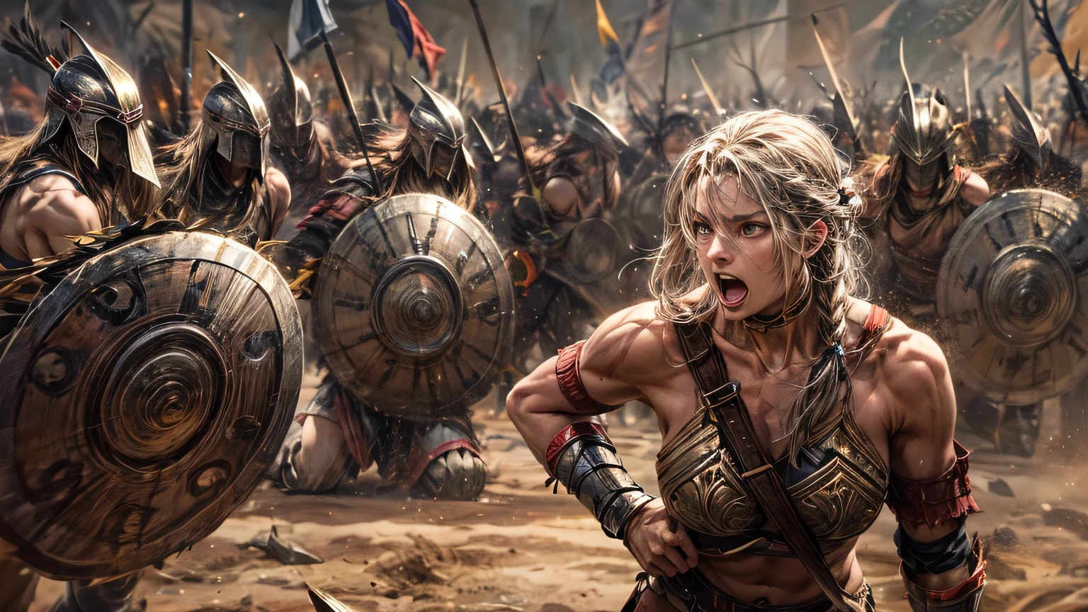 4K, (초고rage질), ((very delicate face)), ((Central background across the center of the battlefield)) they are at war. They fight facing each other from the left and right sides....., The female warrior is on the left.., The Southern Warrior is on the right,knife, axe, shield, Amazon Female Warrior, viking male warrior, ((So many people are fighting.)), ((very delicate)) Female warriors wear thin clothing, bikini style armor.., ((very realistic expression)) Male warriors wore armor with exposed muscles..., Yelling, rage, wind