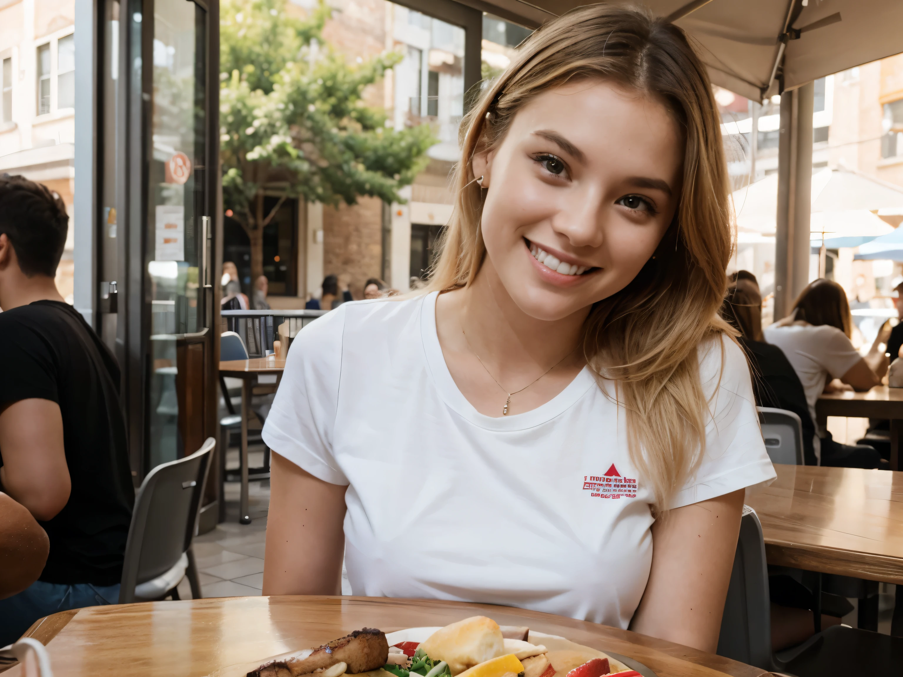 sydney、1 person、blonde、22 years ago、woman、university student、toothy smile、white t-shirt、crowd、city、cooking、lunch date、terrace、table、The front of the camera is the main body