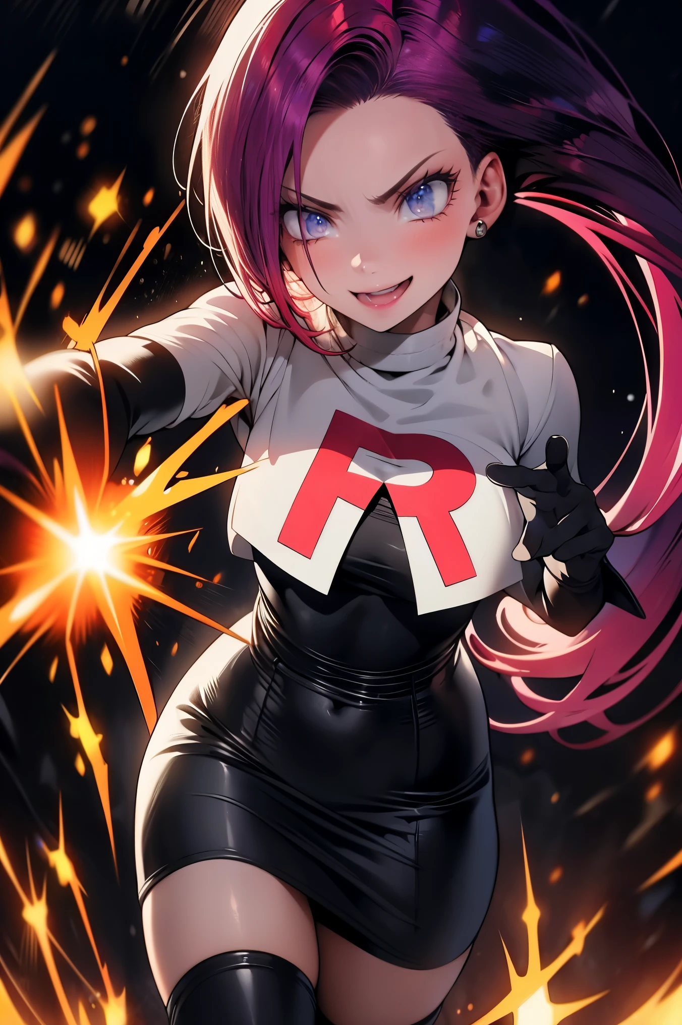 Jessie,Team rocket uniform,red R in the uniform,pokemon series,vivid colors,anime,hair in long twin tails,confident expression,evil smile,wicked eyes,makeup on point,red lipstick,dark purple eyeshadow,purple gloves,black boots,skirt,stockings,purple hair tie,shiny fabric,detailed textures,highres,extreme detail description,studio lighting,sharp focus,physically-based rendering,colorful background,explosions,mischief,evil plan,menacing pose,action scene
