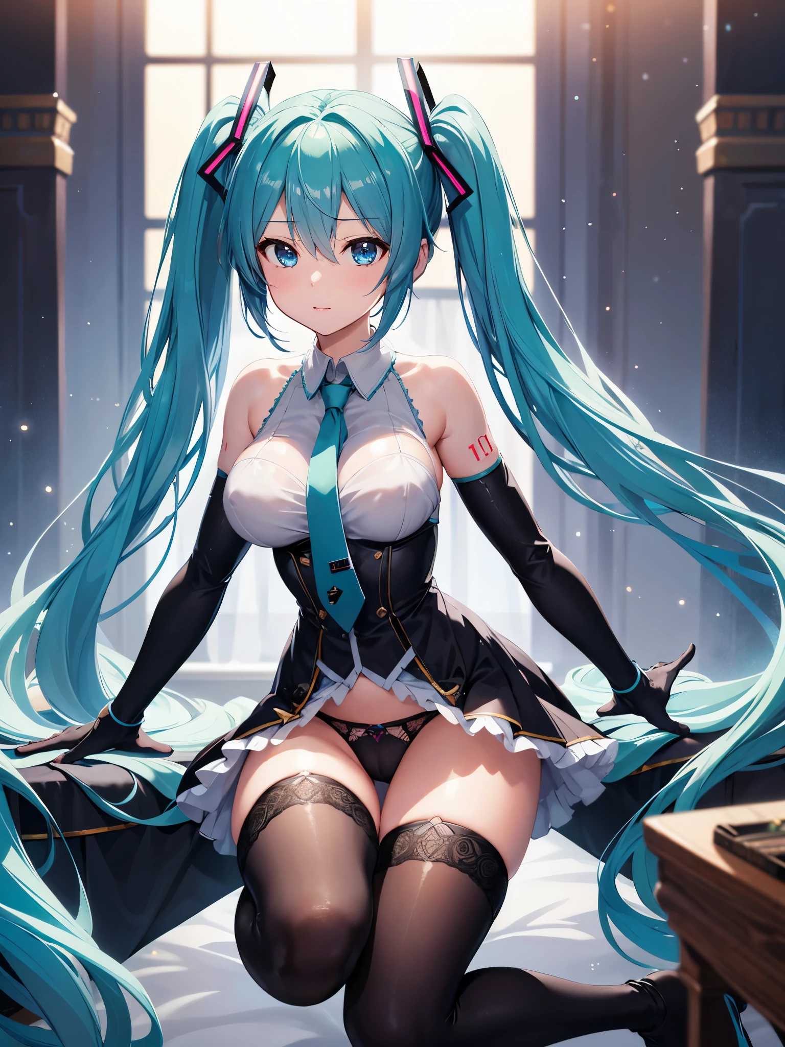 (1 girl),(high quality), (High resolution), (extremely detailed), (8K),(focus on lower body),(CG)、Magic Knight、transparent costume、Magic Mentor、sexy panties、(black knee high stockings:1.2)、nipple shape、No shoes、neutral white lighting,sexy pose、showing panties、Hatsune Miku