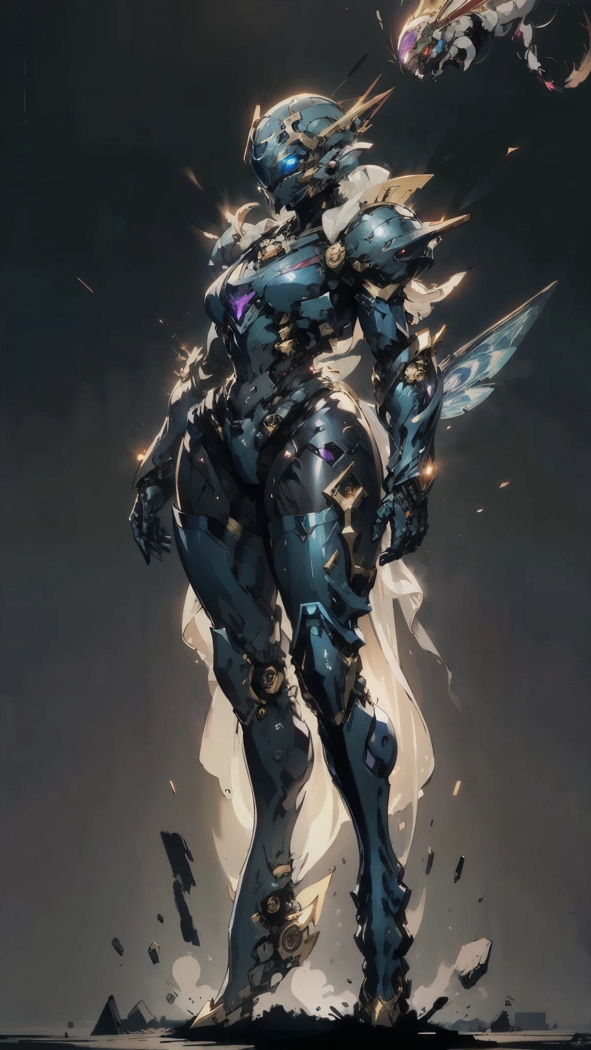 A woman adorned in fantasy-style full-body armor, a crown-concept fully enclosed helmet that unveils only her eyes, a composite layered chest plate, fully encompassing shoulder and hand guards, a lightweight waist armor, form-fitting shin guards, the overall design is heavy-duty yet flexible, (the armor gleams with a golden glow, complemented by red and blue accents), exhibiting a noble aura, she floats above a fantasy-surreal high-tech city, this character embodies a finely crafted fantasy-surreal style armored hero in anime style, exquisite and mature manga art style, (mixture of Queen bee and Spider concept Armor, plasma), ((Element, elegant, goddess, femminine:1.5)), metallic, high definition, best quality, highres, ultra-detailed, ultra-fine painting, extremely delicate, professional, anatomically correct, symmetrical face, extremely detailed eyes and face, high quality eyes, creativity, RAW photo, UHD, 32k, Natural light, cinematic lighting, masterpiece-anatomy-perfect, masterpiece:1.5