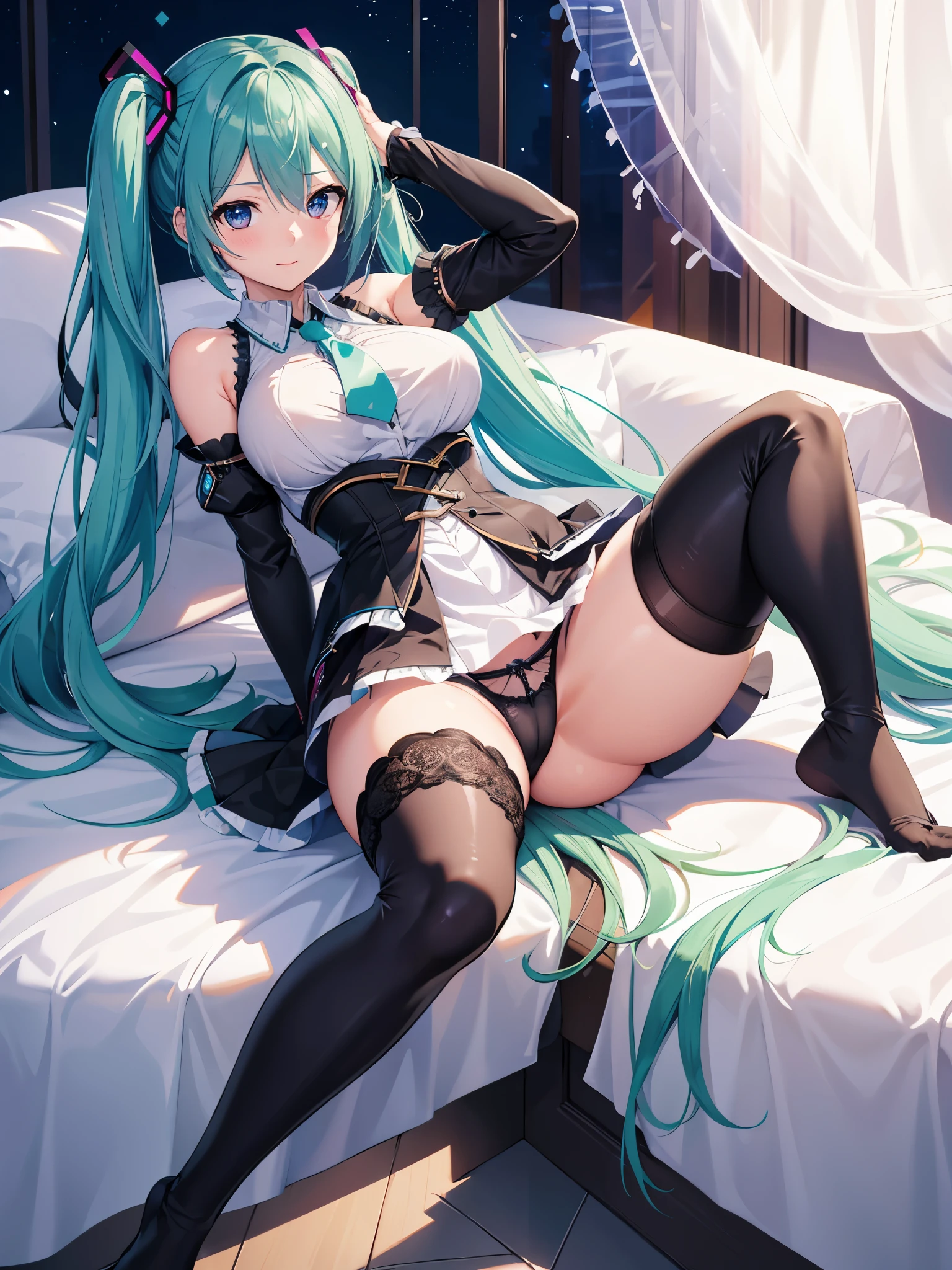 (1 girl),(high quality), (High resolution), (extremely detailed), (8K),(focus on lower body),(CG)、Magic Knight、transparent costume、Magic Mentor、sexy panties、(black knee high stockings:1.2)、nipple shape、No shoes、neutral white lighting,sexy pose、showing panties、Hatsune Miku