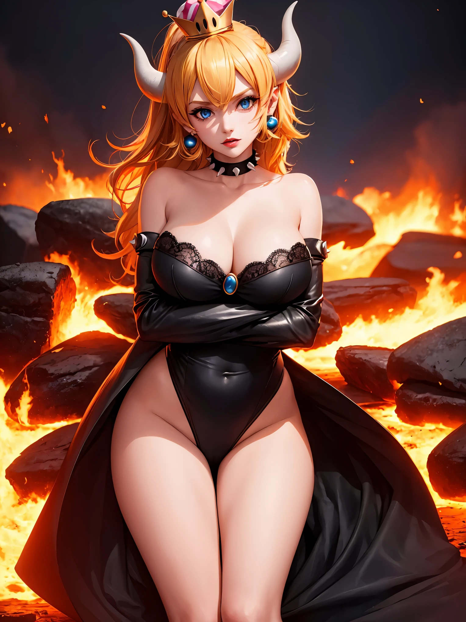 ((high detailed, best quality, 4k, masterpiece, hd:1.3)), ((best quality)), (((HD))), (((8k))), (ultraDH), (ultra HD), Princess Daisy, blue eyes, BREAK blue eyes, seductive, attractive, smooth anime cg art, 36C breasts, long legs, vivid colors, detailed digital art, slim body, perfect skin, dark blonde hair, long hair, blonde hair, blonde hair, BREAK crown, cleavage, 36C cleavage, looking at viewer, BREAK looking at viewer, extremely detailed face, red santa suit, red santa claus suit, santa claus suit, earrings, gem, dark black makeup lips, dark gothic eyeshadows, dark eyeshadows, black eyeshadows, black sexy lips, black lips, (dark:1.2), dark lips, very dark lips, (perfect hands, perfect anatomy), black makeup, black medium lips, black thick lips, detailed fingers, five fingers per hand, 5 fingers, (1 girl), detailed lips, detailed black lips, black painted lips, gothic painted lips, BREAK night, night sky, (breast focus), (arms outstreched:1.2), (from above:1.1), (breasts out:1.3), (off shoulder:1.1), (white horns), (bra), inside a lava castle, she inside a sea of lava, she bathing in lava, full body, perfect long legs, perfect foots, legs and foots into the lava,