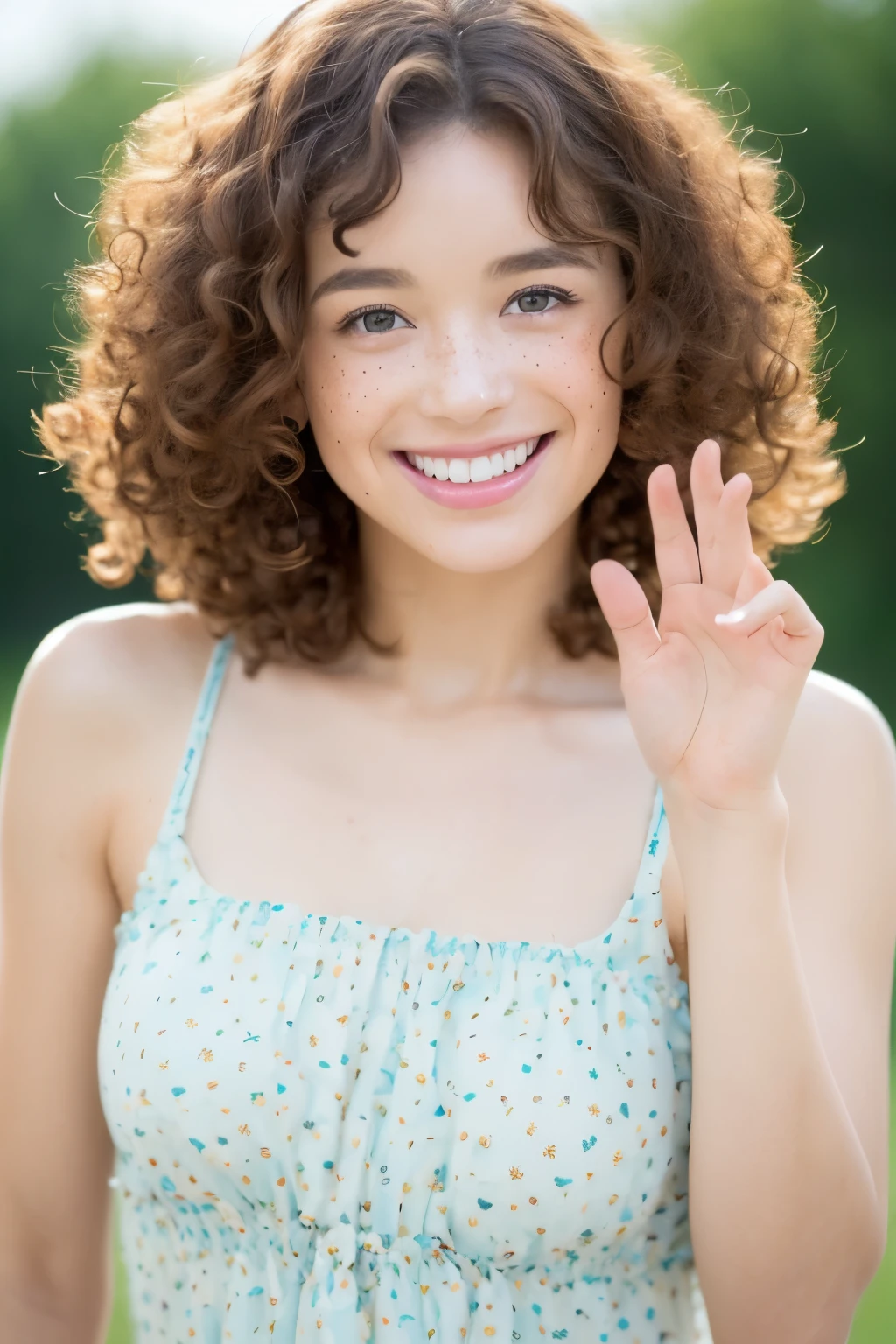(cute girl: 1.3), (pretty face: 1.2), (smiling: 1.1), (young: 1.2), (short dress: 1.1), (curly hair: 1.2), (playful pose: 1.2), (adorable freckles: 1.1), (natural makeup: 1.1), (looking at the camera: 1.1)

A cute girl with a pretty face, smiling at the camera, wearing a short dress and curly hair. Her freckled skin adds to her adorableness, and she is not wearing any makeup. The focus is on capt