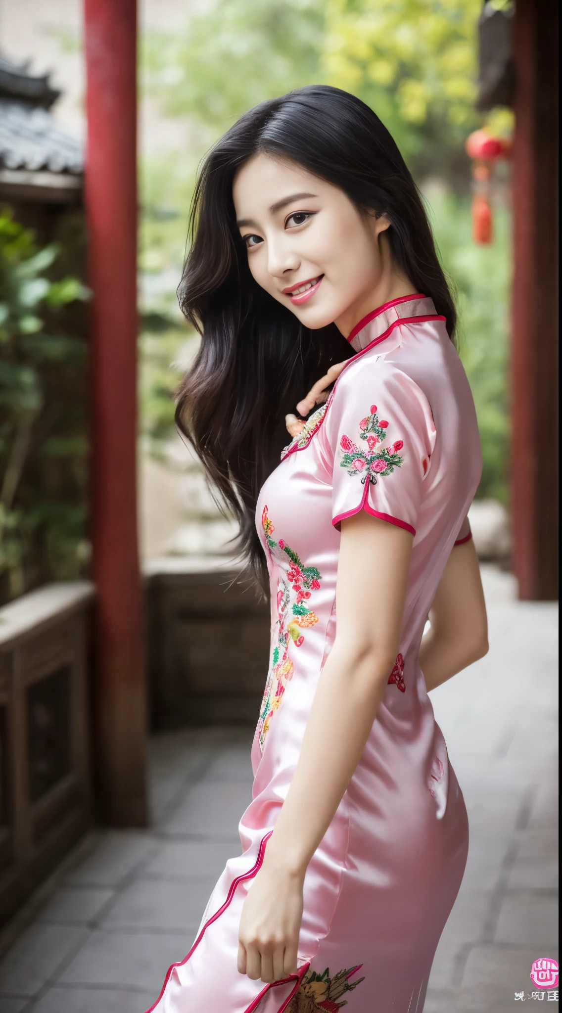 ulzzang-6500-v1.1,(Masterpiece, BestQuality:1.3),(Top image quality,8K:1.3),Realistic high-quality photos,top-quality,Real, Photorealistic, 8K, japanese, Delicate beautiful girl,Very nice atmosphere with sparkling eyes,20yo, Attractive eyes and moist lips,long black hair,(smile:1.3),detailed depiction of the face,Detailed description of facial features ,fine detail,Detailed depiction of hair,My body is bumpy,Detailed depiction of hands,detailed costumes,perfect face,4 fingers and 1 thumb:1.3),orthofacial,choker necklace,ear drops, works of masters,extremely close to reality,(full body photo:1.5),best image quality,best quality,endless details,(((Beautiful patterned embroidered Chinese dress 1.3))),((pink silk cheongsam))),(ancient courtyard scene:1.3),laughter, small of the waist, sexy pose,bold pose, Beautiful legs visible through the slit of a long skirt, big and full breasts, neatly tied hair
