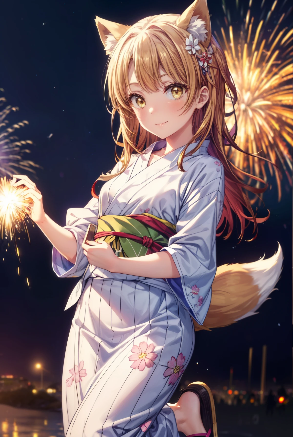 irohaisshiki, Isshiki Iroha, long hair, brown hair, (brown eyes:1.5), smile,animal ears fox ears,animal tail fox tail,flower hair ornament,Yukata with yellow floral pattern,long skirt,Zori sandals,firework in the night sky,firework,The place is a firework display,Time is night,sunny day,Make sure the whole body is included in the illustration,put both arms behind one's back,
break outdoors, destroy the shrine (masterpiece:1.2), highest quality, High resolution, unity 8k wallpaper, (shape:0.8), (beautiful and detailed eyes:1.6), highly detailed face, perfect lighting, Very detailed CG, (perfect hands, perfect anatomy),