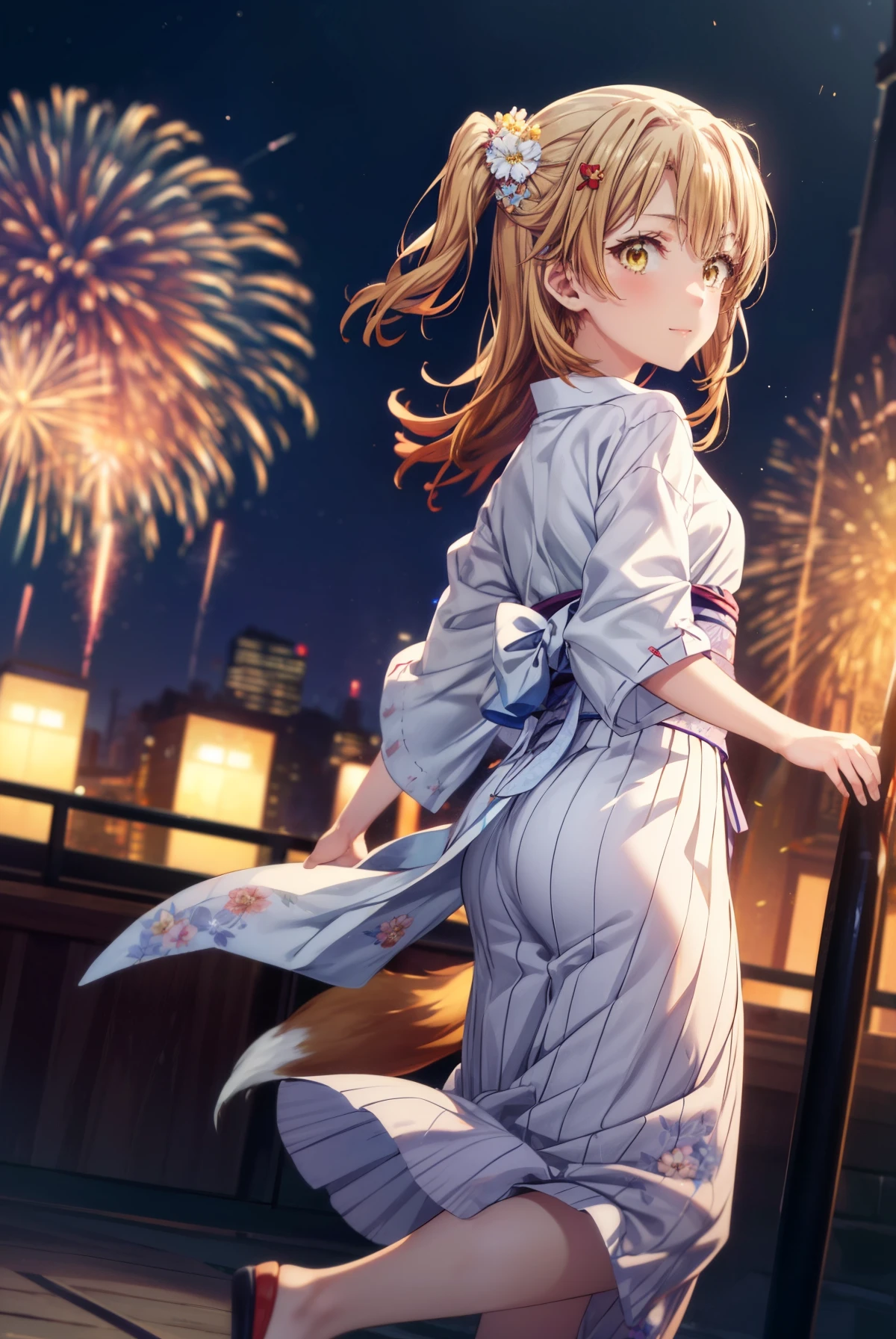 irohaisshiki, Isshiki Iroha, long hair, brown hair, (brown eyes:1.5), smile,animal ears fox ears,animal tail fox tail,flower hair ornament,Yukata with yellow floral pattern,long skirt,Zori sandals,firework in the night sky,firework,The place is a firework display,Time is night,sunny day,Make sure the whole body is included in the illustration,put both arms behind one's back,
break outdoors, destroy the shrine (masterpiece:1.2), highest quality, High resolution, unity 8k wallpaper, (shape:0.8), (beautiful and detailed eyes:1.6), highly detailed face, perfect lighting, Very detailed CG, (perfect hands, perfect anatomy),