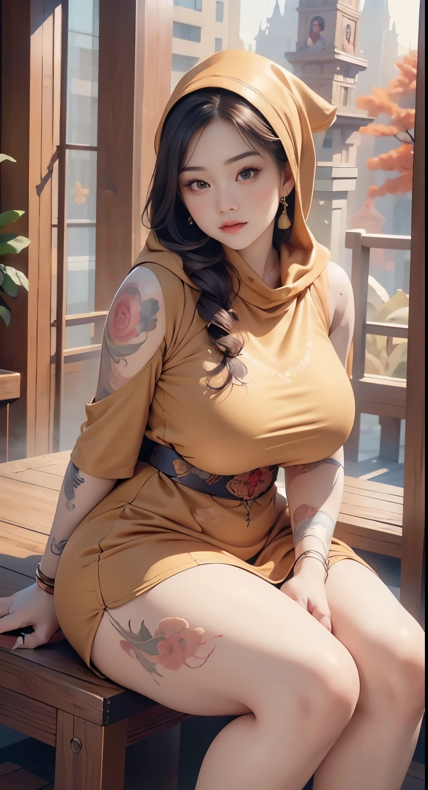 there is a woman sitting down with a longest brown hair, bbwchan, thicc, brown hijab outfit, brown hairstyle model, korean girl, korean woman, wearing brown robe, full length shot, alluring plus sized model, japanese goddess, clothed in hooded, voluptuous and arousing, portrait shot, curvy model, voluptuous body, wonderful, nene tanaka body , bbwchan, The overall atmosphere is smooth , haunting illustrations, extremely high-resolution details, photographic, realism pushed to extreme, fine texture, 4k, ultra-detailed, high quality, high contrast, red sneakers , cold atmosphere ,, cold atmosphere ,, ((Detailed texture of tattooed skin)), tattoo round breasts, irezumi tattoo style, tattoo on breasts, tttattoo, showing her thigh , tattoo on thigh, a close up of a woman with tattoos on her body, inked, tattooed body, fully tattooed body, tattooed, full-body tattoos, full - body tattoos, , full body tattoo, with tattoos, , tattoos, tattoos all over the skin, tattoos and piercings, ((Neka: 0.45)) LoRA, {{大哥的纹身女人 Iremuzi tattoo style v1.0: 0.91}},, ((BohoAI v1.0 : 0.45))