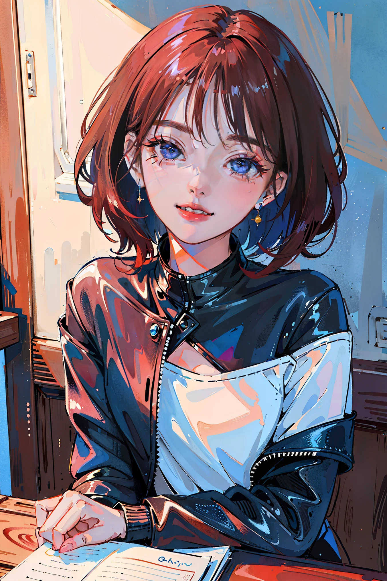 (super-detailed CG unified 8K wallpaper, masterpiece, highest quality, super-detailed), (best lighting, best shadows, extremely delicate and beautiful), bright smile and winking . He wears a t-shirt and leather jacket, his short burgundy hair swishing, framing his beautiful face perfectly. Her blue eyes are luminous, a look of concern