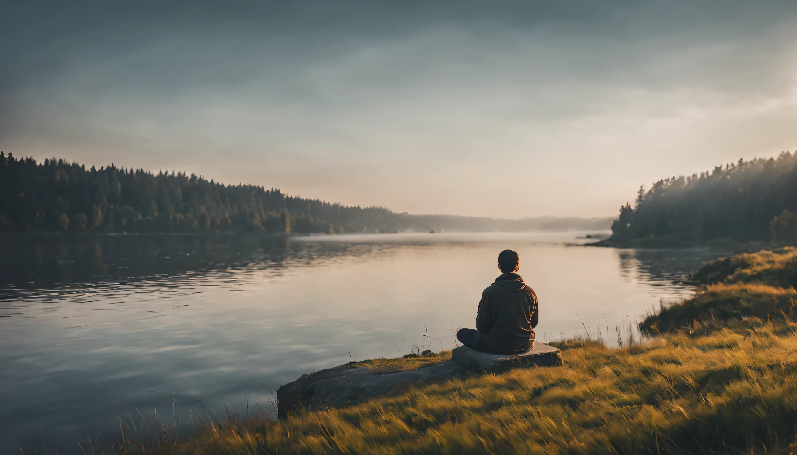 Task: Create a visual representation of a stoic person meditating in a serene environment. Instructions: Context: Imagine a serene and peaceful setting where a person embodies the stoic principles of inner calm, self-reflection, and emotional control through meditation. Scene Description: The stoic individual is in a tranquil and natural environment, perhaps by a serene lake, in a quiet forest, or on a mountaintop. The surroundings exude a sense of peace and solitude. Expression and Behavior: The stoic person is meditating with a composed and serene expression. They maintain a posture that reflects their inner peace and self-control. Their demeanor shows a deep sense of inner focus and tranquility. Image Details: The scene is bathed in soft, natural light, and the colors are calming and harmonious. The environment should enhance the sense of tranquility and mindfulness. Art Style: The desired art style is realistic, with attention to detail to convincingly portray the serene and contemplative atmosphere. Resolution and Size: The image should have a high resolution of 300 dpi and a size of 3000x4000 pixels, suitable for high-quality printing. Deadline: The deadline for completing the image is 10 days from today. Budget: A budget of $500 is available for the creation of this image. Additional Notes: Ensure that the image conveys a clear message of stoicism, inner peace, and the ability to find calm and self-control through meditation in a tranquil setting.