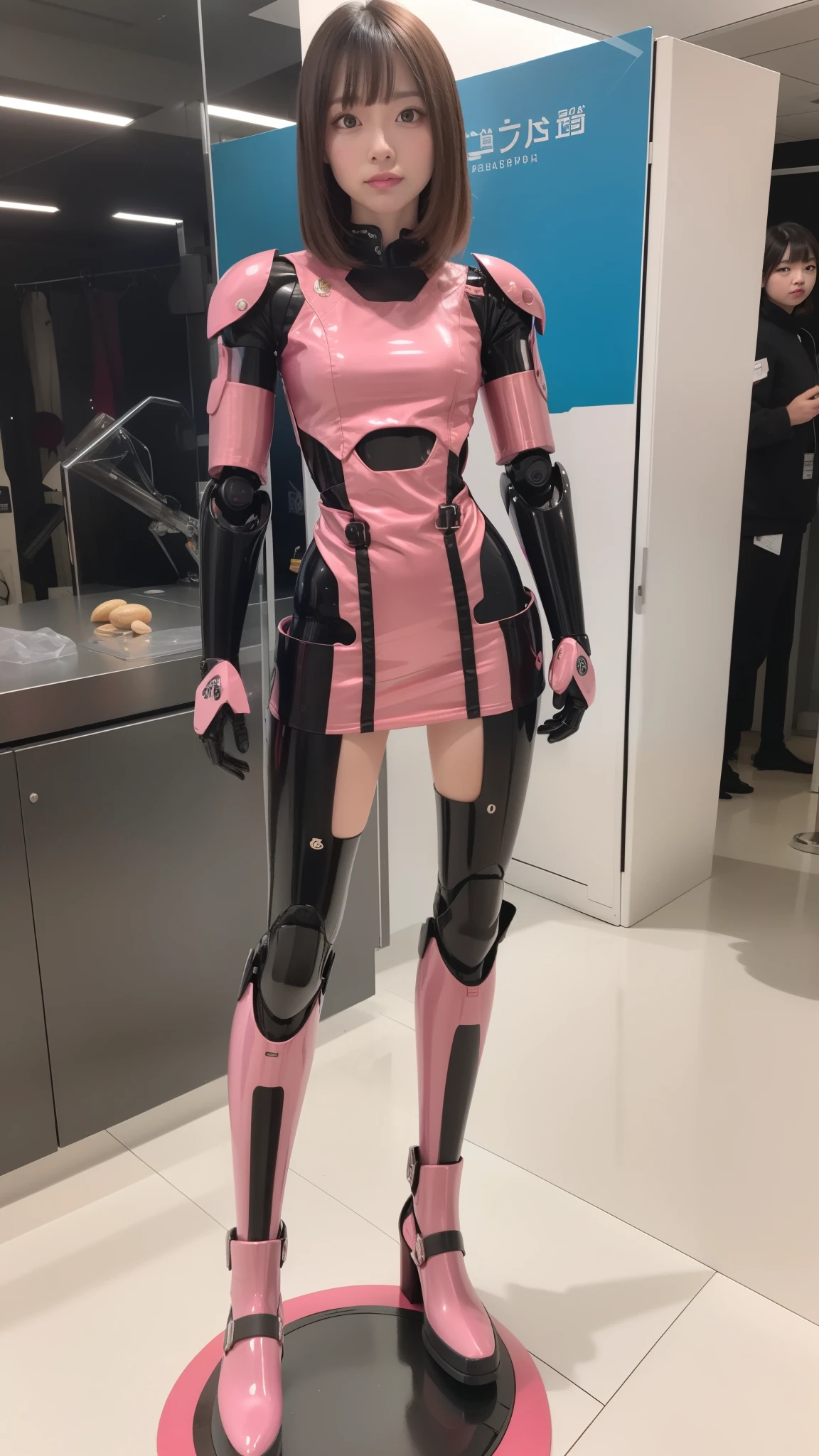 Robot Girl, pink there, Silver, Metallic body, Robot Parts, Metal Parts, Super Detailed Face, Super well-formed face, of the highest quality, a small face, a small head, Brown hair, Slender body, Camera gaze, Internal Mechanical Exposure, Idol, front facing, Well-proportioned body, sale, Exhibited, Event Hall, Moe Pose, pink metallic Lolita dress machine armor, Standing with legs open, Model body type, sad, Embarrassing,(Perfect Robot Girl),(Perfect machine body)