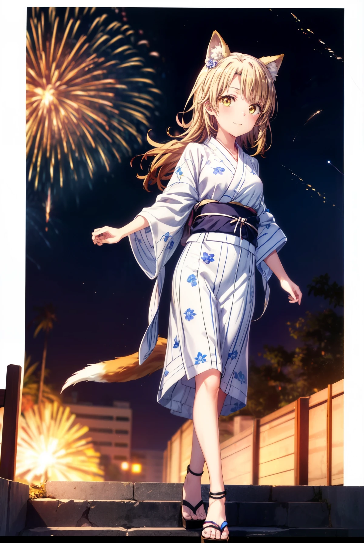 irohaisshiki, Isshiki Iroha, long hair, brown hair, (brown eyes:1.5), smile,animal ears　fox ears,animal tail　fox tail,flower hair ornament,Yukata with yellow floral pattern,long skirt,Zori sandals,firework in the night sky,firework,The place is a firework display,Time is night,sunny day,Make sure the whole body is included in the illustration,put both arms behind one&#39;s back,
break outdoors, destroy the shrine (masterpiece:1.2), highest quality, High resolution, unity 8k wallpaper, (shape:0.8), (beautiful and detailed eyes:1.6), highly detailed face, perfect lighting, Very detailed CG, (perfect hands, perfect anatomy),