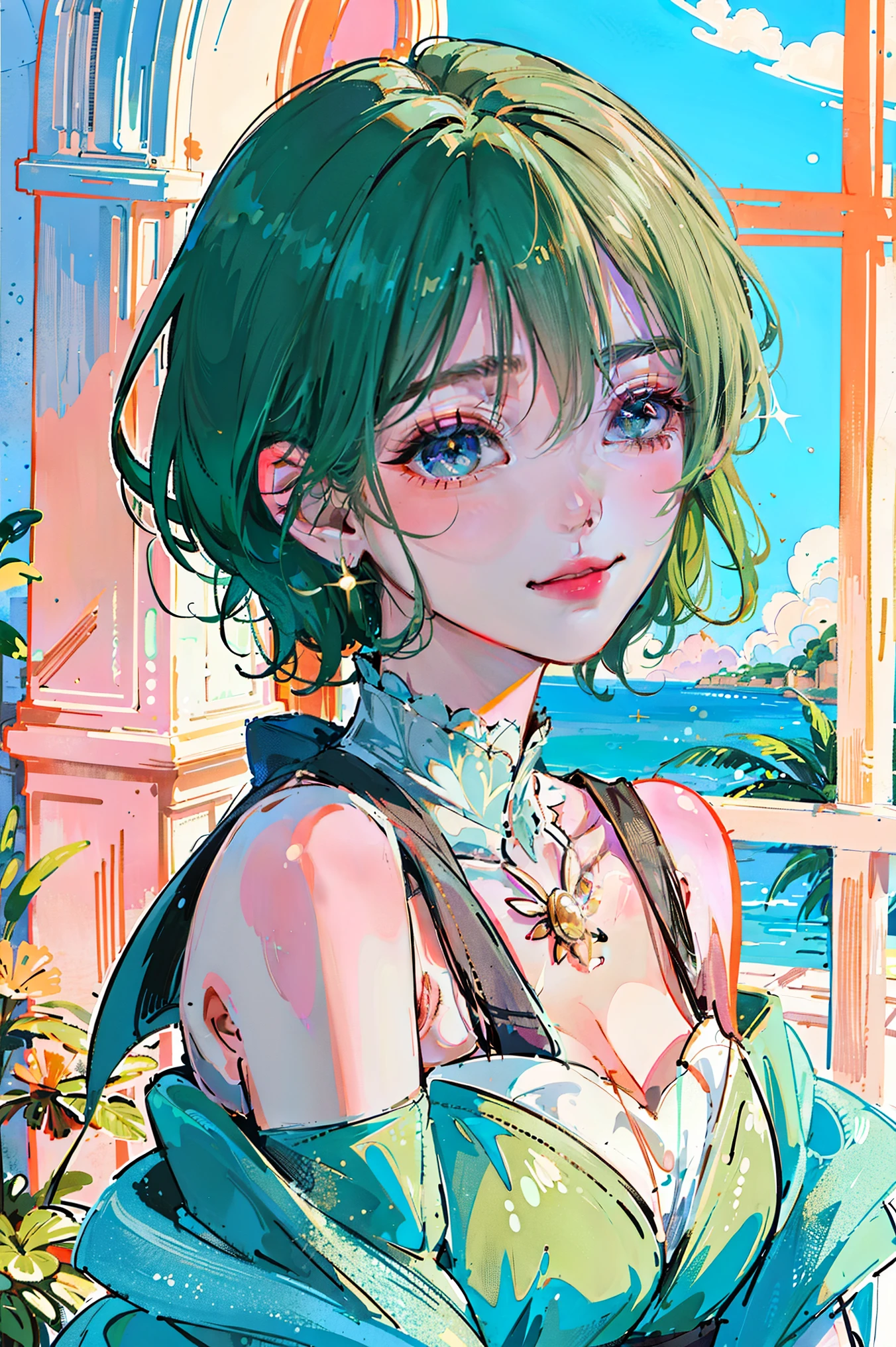 (Super fine CG unified 8K wallpaper, masterpiece, top quality, super fine), (best lighting, best shadows, very delicate and beautiful), winking with a bright smile. Loose-fitting dress, short green hair swinging, framing her beautiful face perfectly. Colorful eyes sparkle.