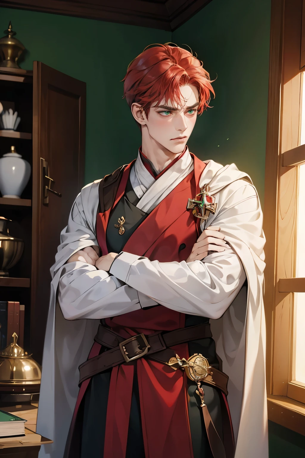 1male, tall and strong, perfect male body, adult male, (red hair, green eyes, wizard clothing, angry, blush, looking at viewer), cross his arms, face focus, sanpaku, potions room, pov, ray tracing, cinematic lighting, an extremely delicate and beautiful, best quality, amazing quality, very aesthetic, depth of field