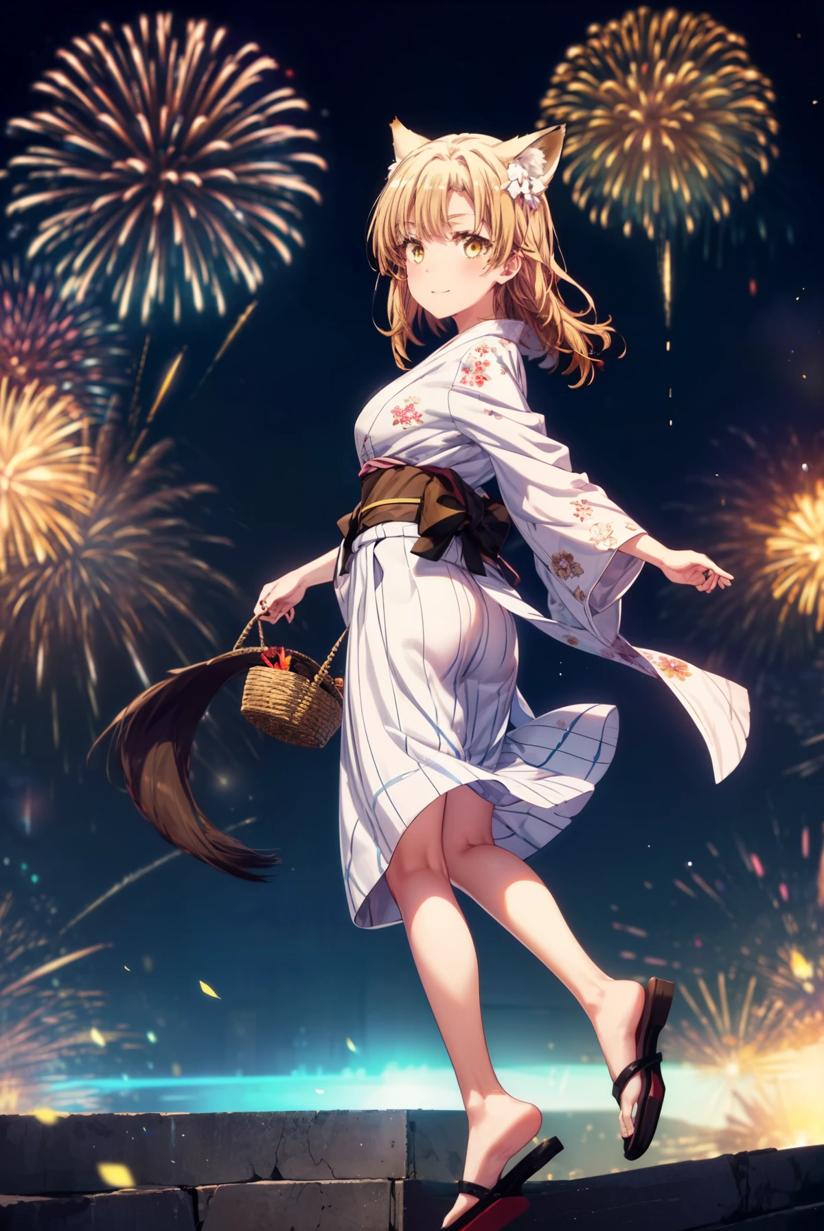 irohaisshiki, Isshiki Iroha, long hair, brown hair, (brown eyes:1.5), smile,animal ears fox ears from the top of the head,animal tail Fox tail from the ass,flower hair ornament,Yukata with yellow floral pattern,long skirt,Zori sandals,firework in the night sky,firework,The place is a firework display,Time is night,sunny day,Make sure the whole body is included in the illustration,put both arms behind one's back,
break outdoors, destroy the shrine (masterpiece:1.2), highest quality, High resolution, unity 8k wallpaper, (shape:0.8), (beautiful and detailed eyes:1.6), highly detailed face, perfect lighting, Very detailed CG, (perfect hands, perfect anatomy),