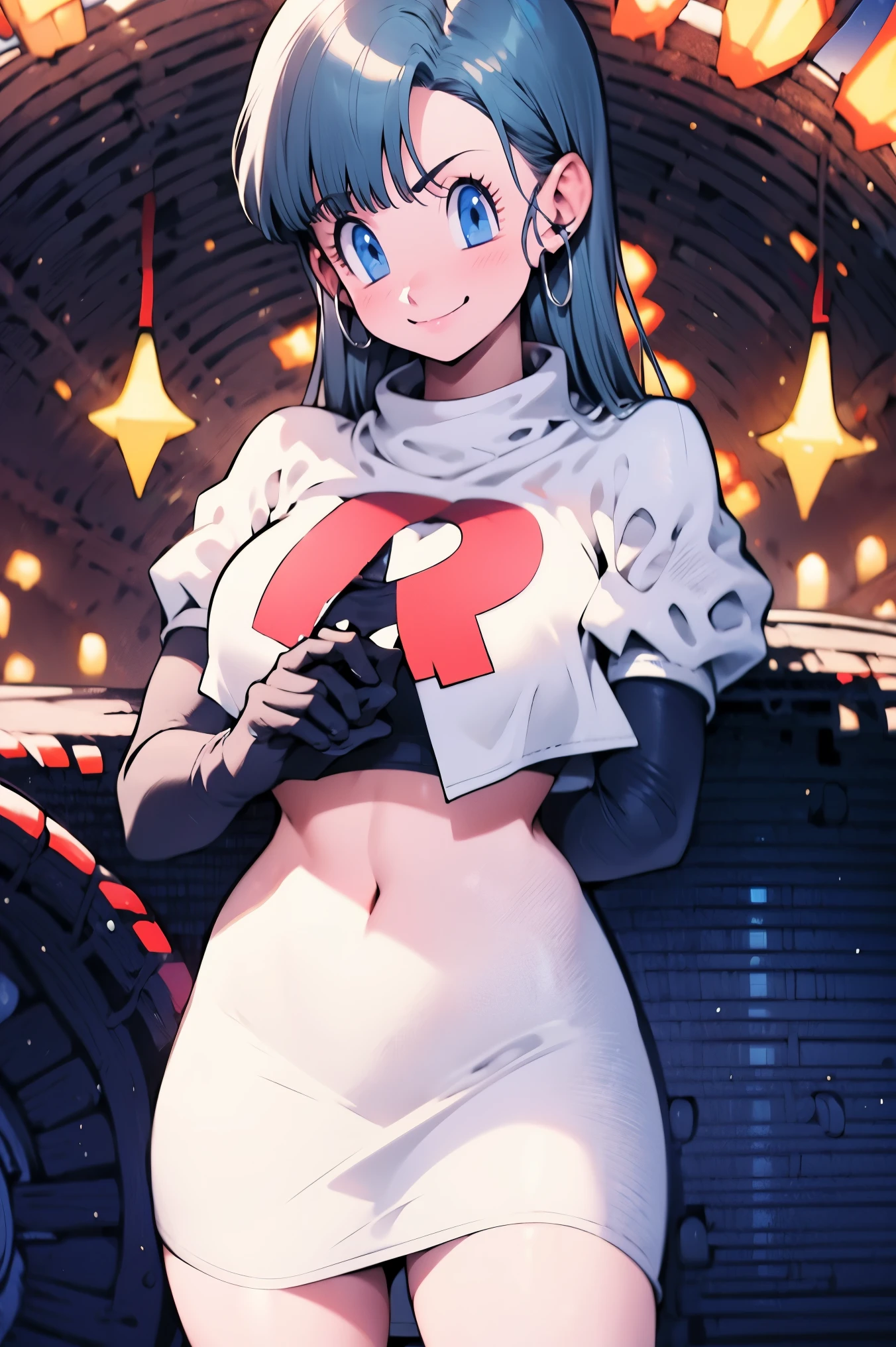 (best quality,highres),Bulma,Team Rocket uniform,red letter R,white skirt,white top,black stockings,black elbow gloves,smile,blue eyes,vaquero pose