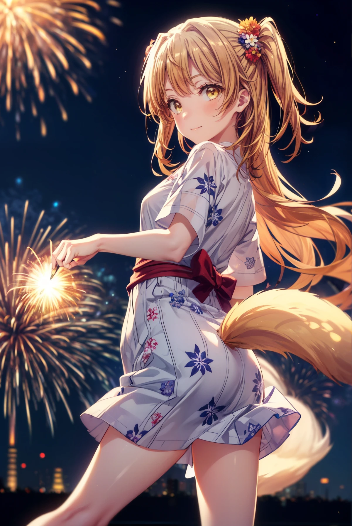 irohaisshiki, Isshiki Iroha, long hair, brown hair, (brown eyes:1.5), smile,animal ears fox ears from the top of the head,animal tail Fox tail from the ass,flower hair ornament,Yukata with yellow floral pattern,long skirt,Zori sandals,firework in the night sky,firework,The place is a firework display,Time is night,sunny day,Make sure the whole body is included in the illustration,put both arms behind one's back,
break outdoors, destroy the shrine (masterpiece:1.2), highest quality, High resolution, unity 8k wallpaper, (shape:0.8), (beautiful and detailed eyes:1.6), highly detailed face, perfect lighting, Very detailed CG, (perfect hands, perfect anatomy),