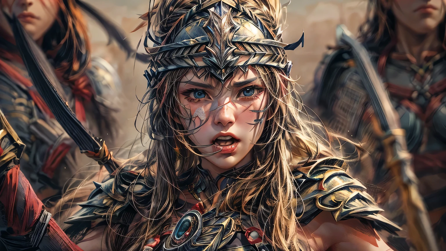 4K, (초고rage질), ((very delicate face)), ((Central background across the center of the battlefield)) they are at war. They fight facing each other from the left and right sides....., The female warrior is on the left.., The Southern Warrior is on the right,knife, axe, shield, Amazon Female Warrior, viking male warrior, ((So many people are fighting.)), ((very delicate)) Female warriors wear thin clothing, bikini style armor.., ((very realistic expression)) Male warriors wore armor with exposed muscles..., Yelling, rage, wind