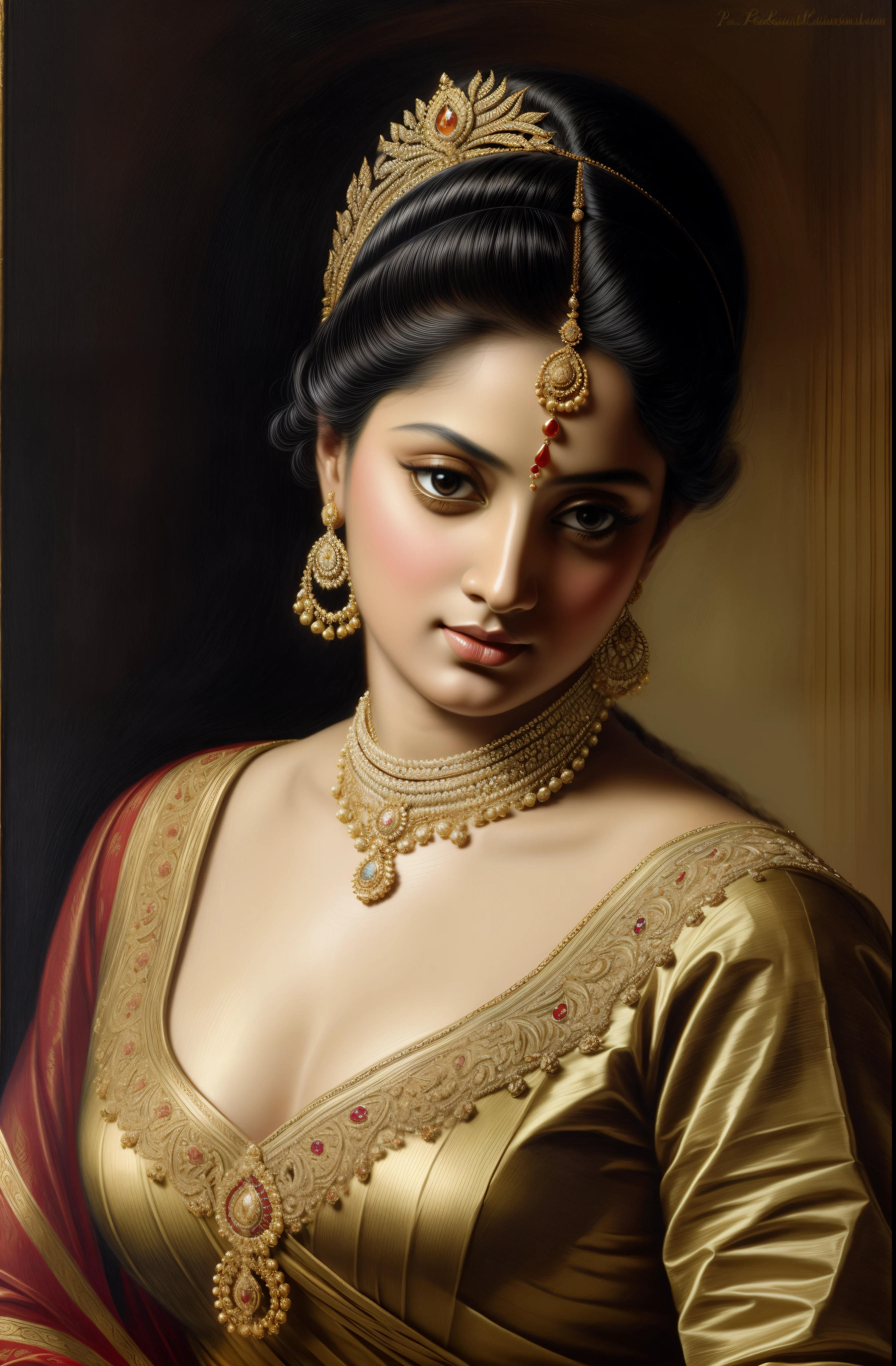 Beautiful Indian Woman, wearing saree, sari Beauty, gorgeous, Apsara, Maharani, royal queen woman, nymph from Hindu Mythology, Urvashi, matchless beauty, Highly detailed, Oil Painting by Peter Paul Rubens inspired by Raja Ravi Varma, Matchless beauty, captivating, gorgeous, heavenly beauty, celestial beauty, by Peter Paul Rubens, 1893, realistic, hyper realistic, micro details, incredible artwork, insane details, ultra High resolution, 8k, 32k,  acrylic on canvas, intricate, flawless, detailed, detailed face, detailed eyes, masterpiece, by Peter Paul Rubens, by Caravaggio, by William Adolphe bouguereau, perfect face, perfect body, beautiful art, realism, baroque, renaissance Art, highly textured, beautiful and detailed eyes, uhd, best quality,