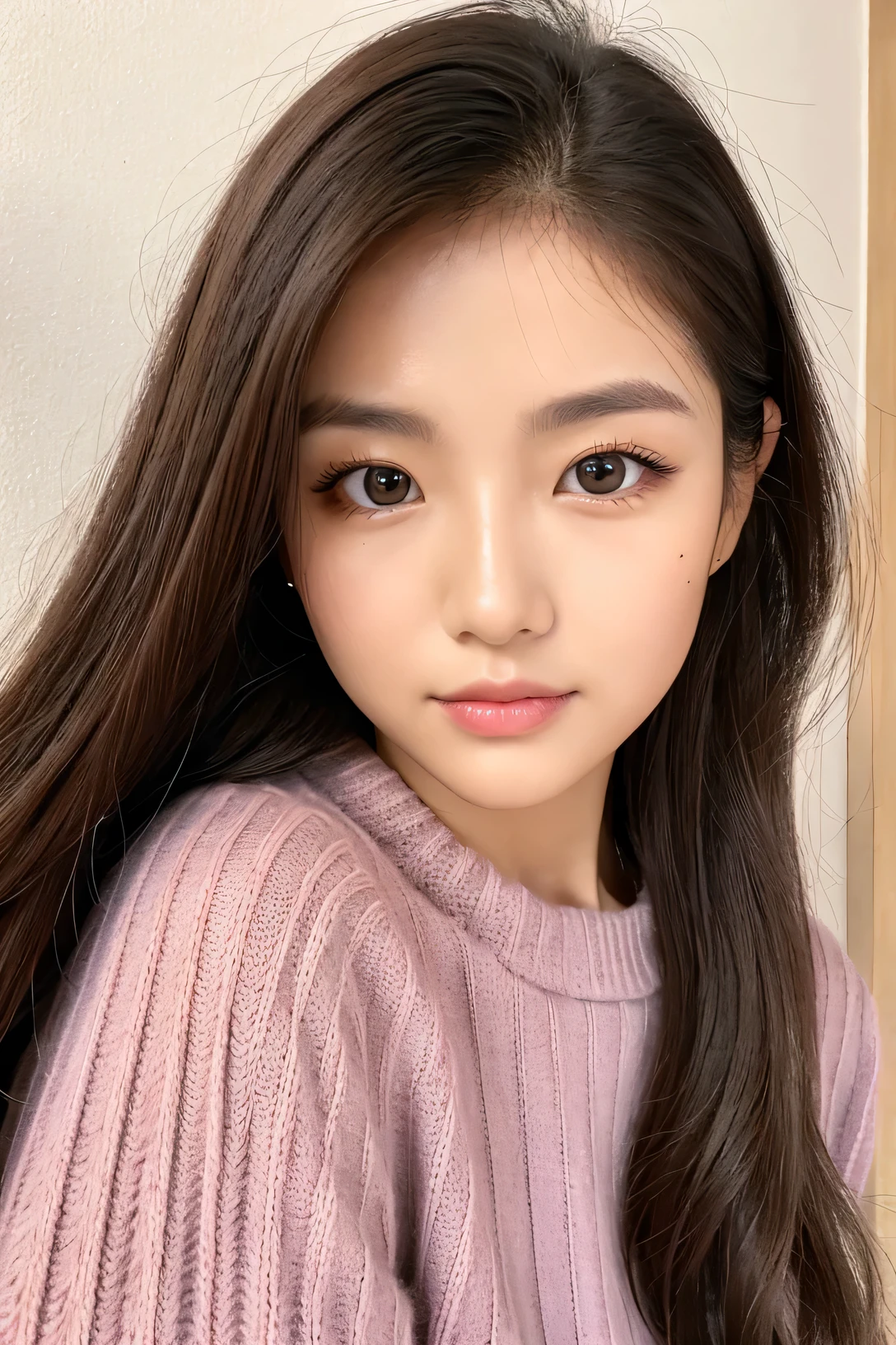 woman、super detailed face、double eyelid, medium hair、No bangs、clear eyes、knit sweater、Glossy skin, small head、whole body